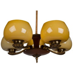 Paavo Tynell for Taito Art Deco Chandelier in Walnut & Yellow Ochre Glass, 1930s