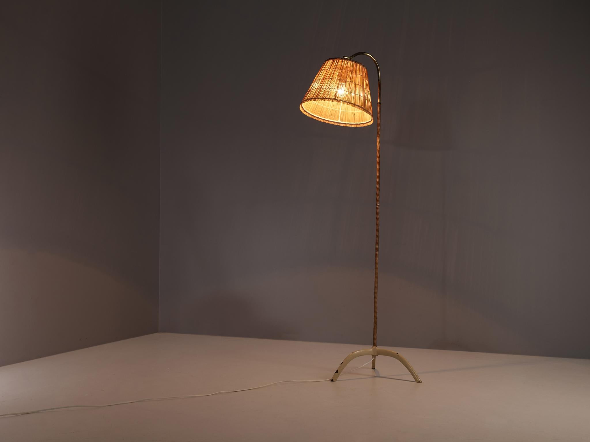 Finnish Paavo Tynell for Taito Floor Lamp in Brass and Cane