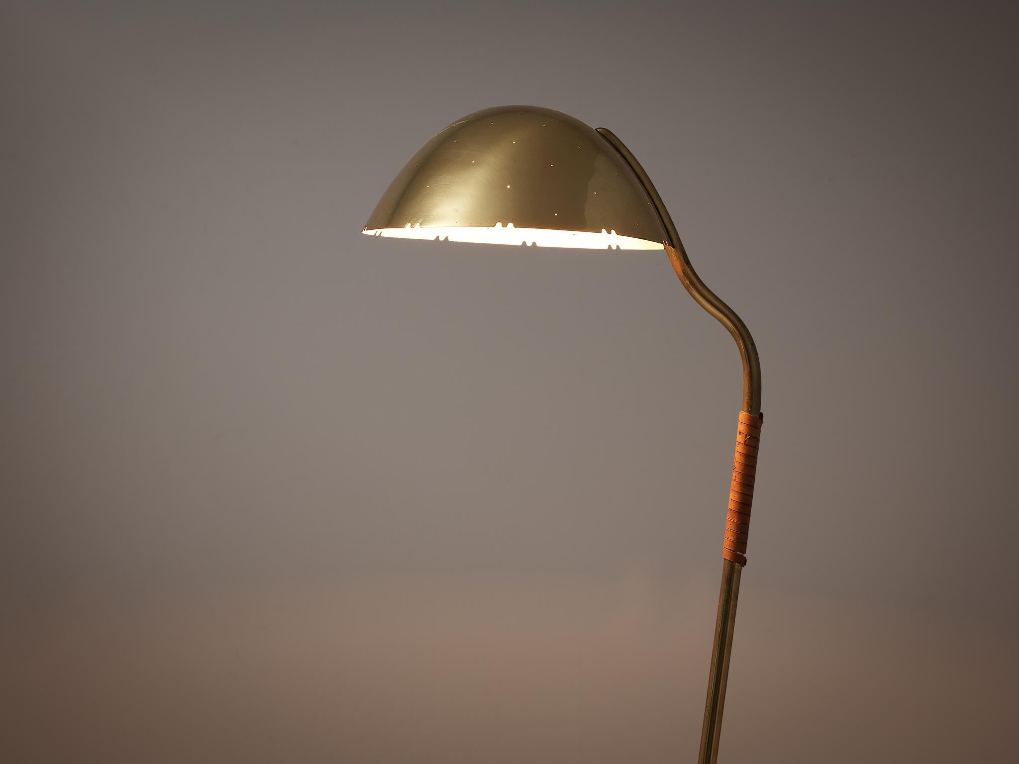 Scandinavian Modern Paavo Tynell for Taito Oy Floor Lamp in Brass and Leather  For Sale
