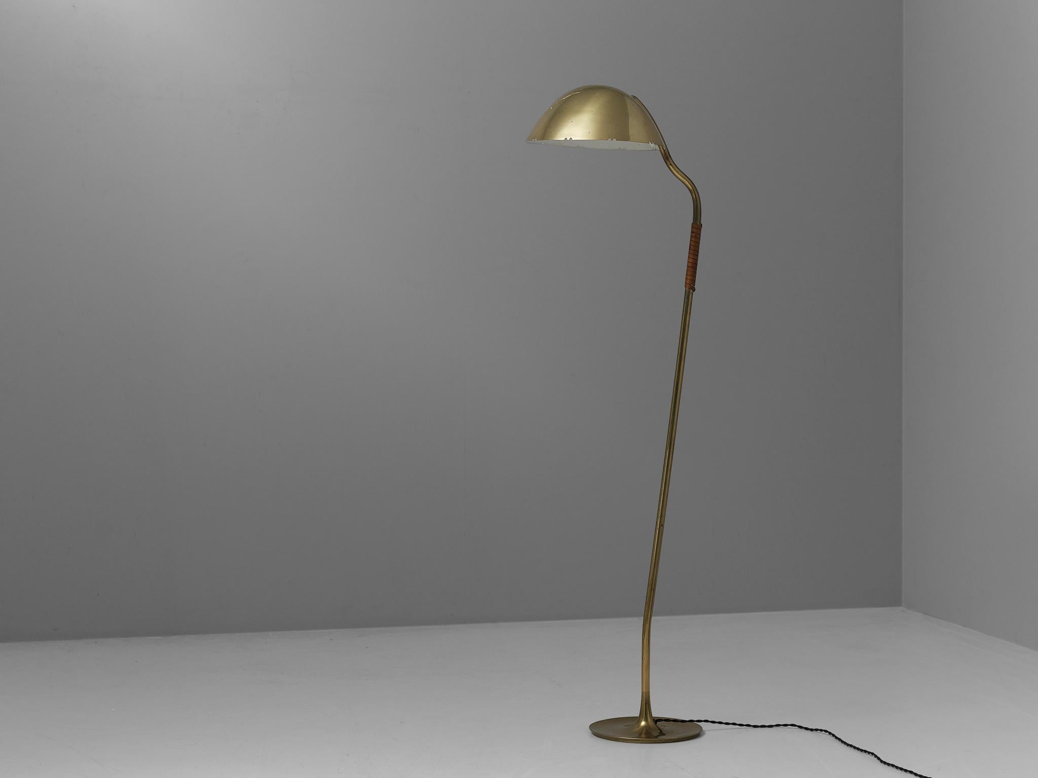 Mid-20th Century Paavo Tynell for Taito Floor Lamp in Brass and Leather