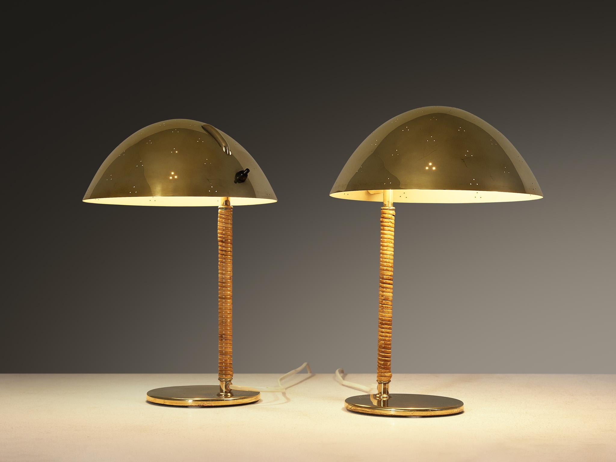 Paavo Tynell for Taito Oy, 'Kypärä' desk lamps, model '9209', brass, cane, Finland, 1950s 

A truly magnificent piece that scores highly on every design aspect: execution, material use, craftsmanship, and detail. Paavo Tynell, the master in the
