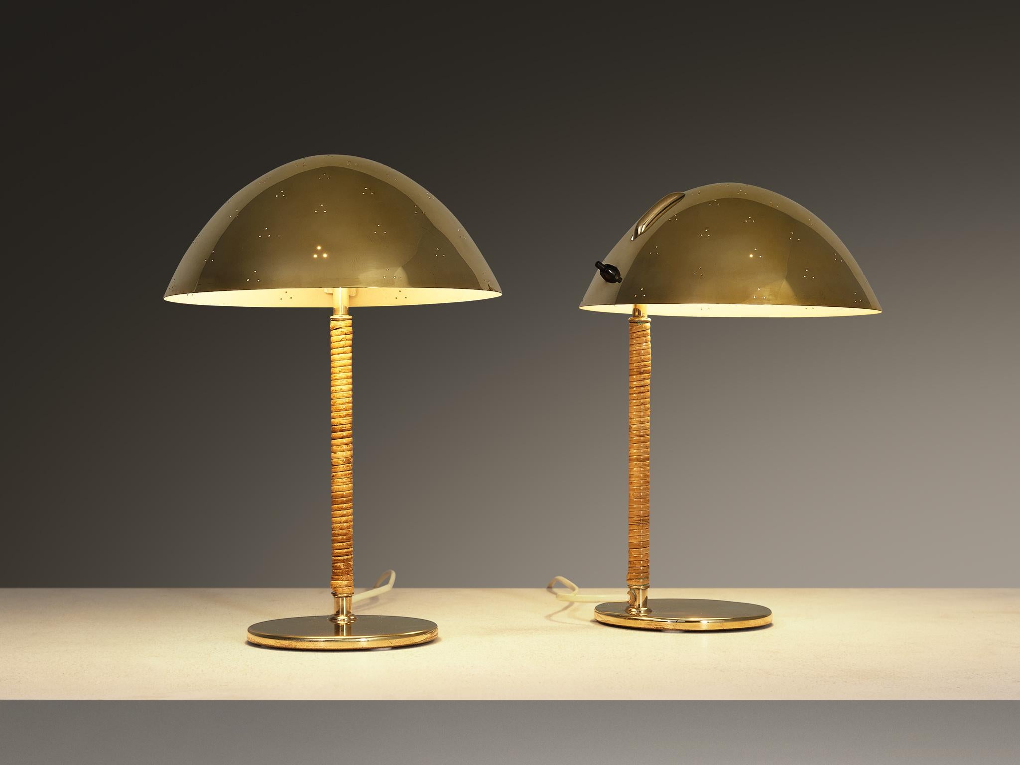Scandinavian Modern Paavo Tynell for Taito Oy '9209' Table Lamps in Brass and Cane For Sale