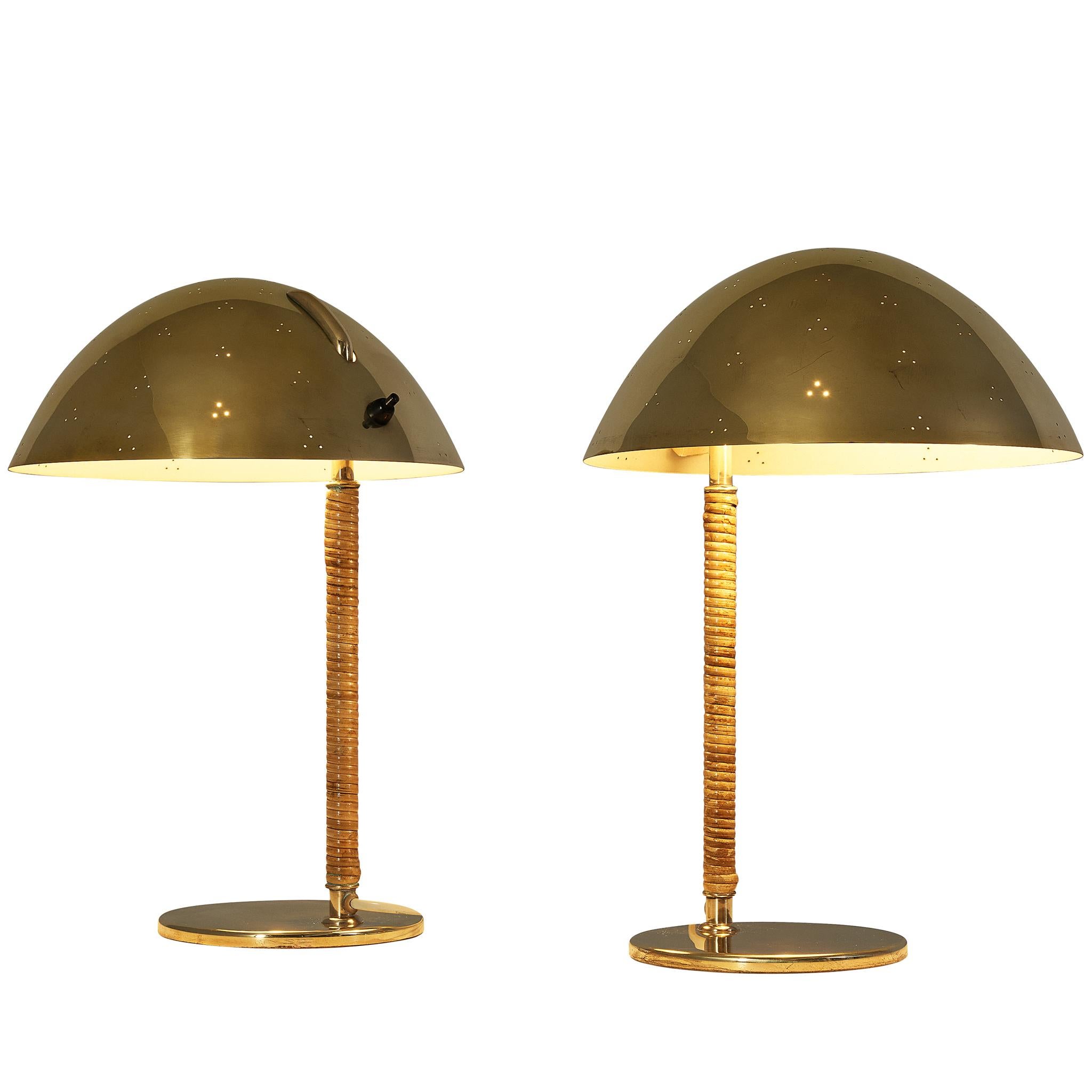 Paavo Tynell for Taito Oy '9209' Table Lamps in Brass and Cane For Sale