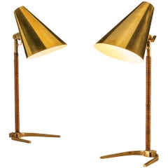 Paavo Tynell for Taito Oy '9225' Table Lamps in Brass and Leather