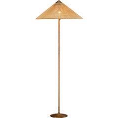 Paavo Tynell for Taito Oy '9602' Chinese Hat Floor Lamp in Cane and Brass