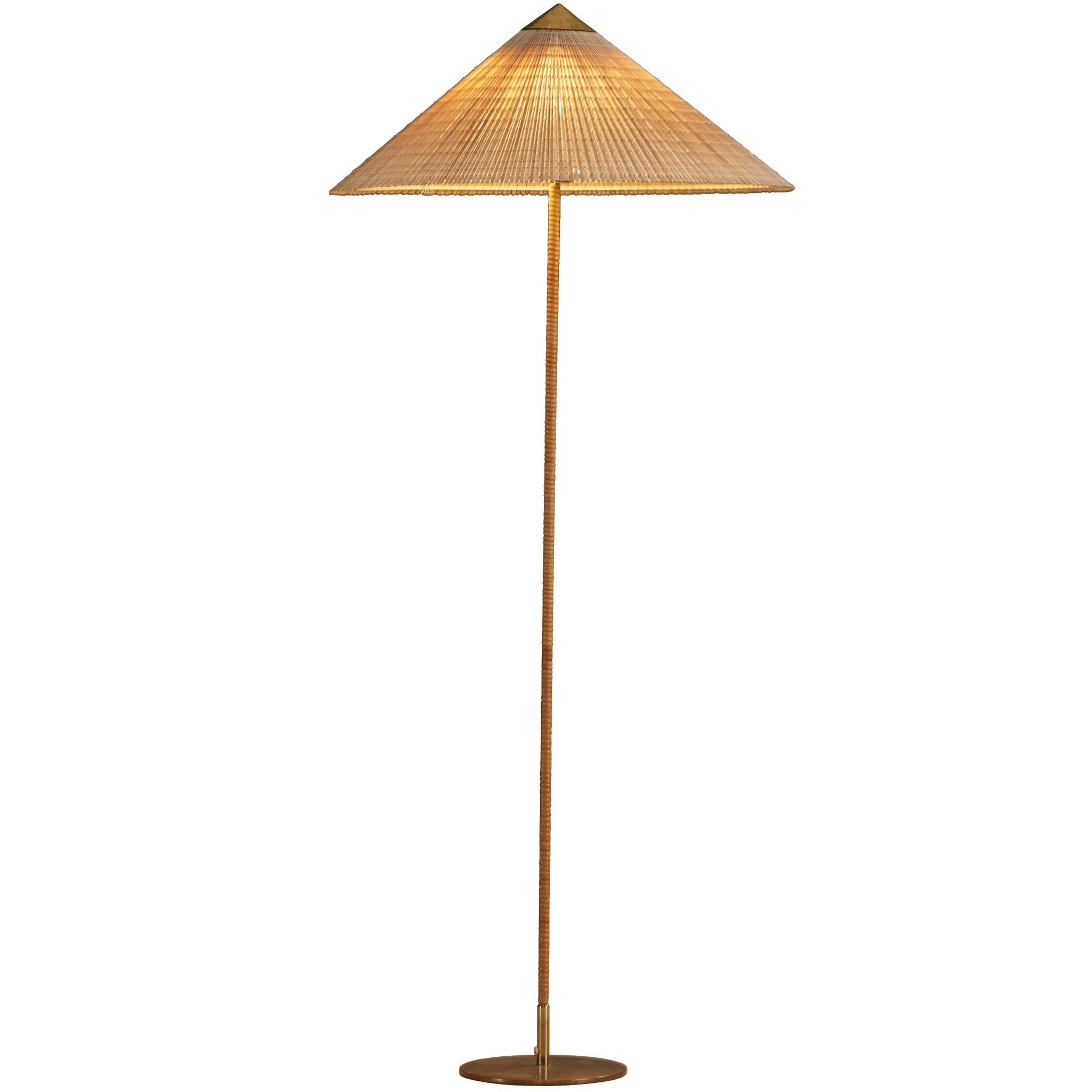 Paavo Tynell for Taito Oy 
9602
 Chinese Hat Floor Lamp in Cane and Brass