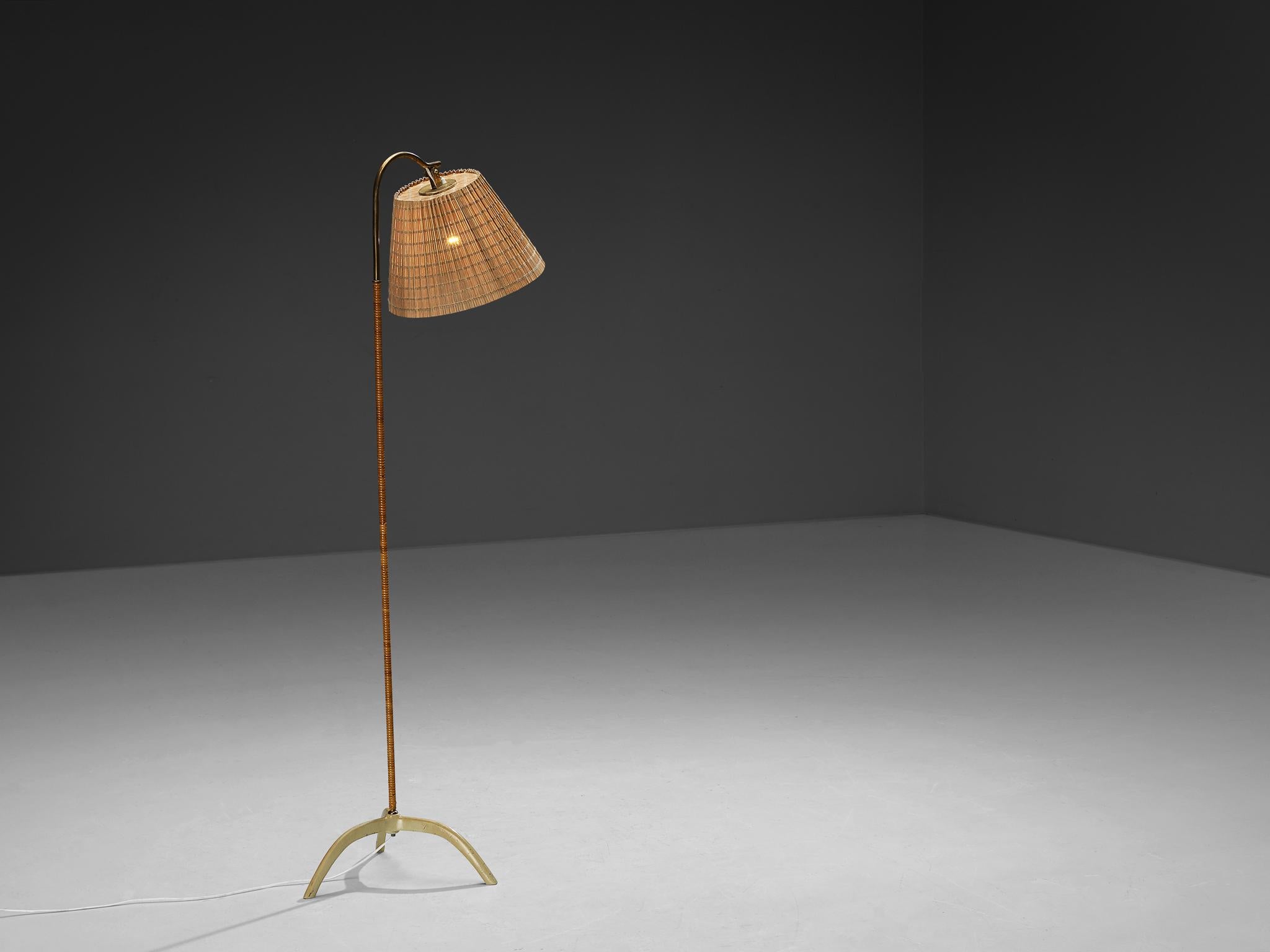 Scandinavian Modern Paavo Tynell for Taito Oy '9609' Floor Lamp in Cane and Brass For Sale