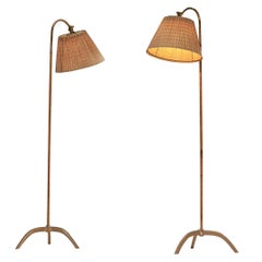 Paavo Tynell for Taito Oy '9609' Pair of Floor Lamps in Cane and Brass
