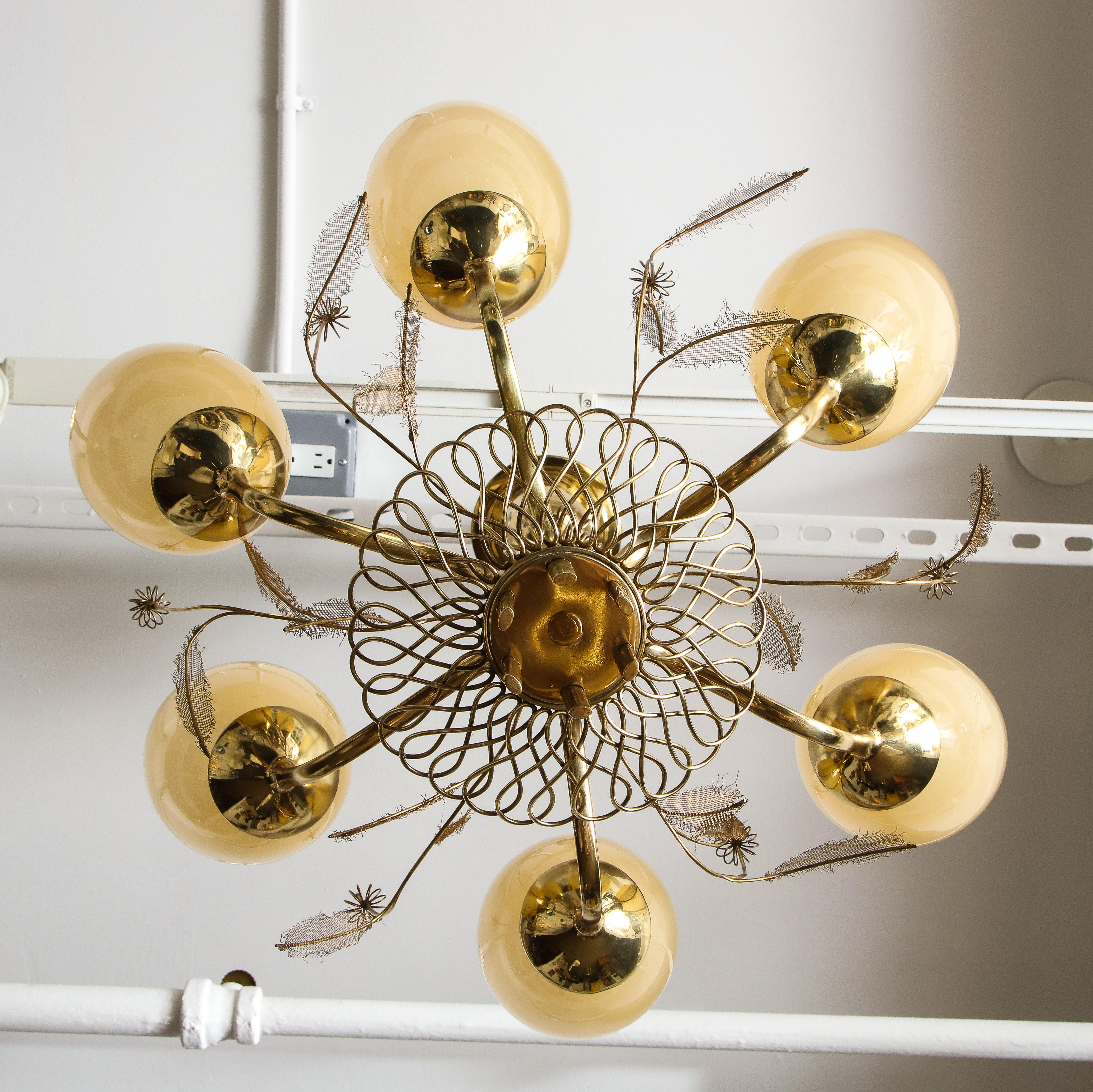 Paavo Tynell Chandelier Model 9029/6 in Brass and Amber Glass For Sale 4