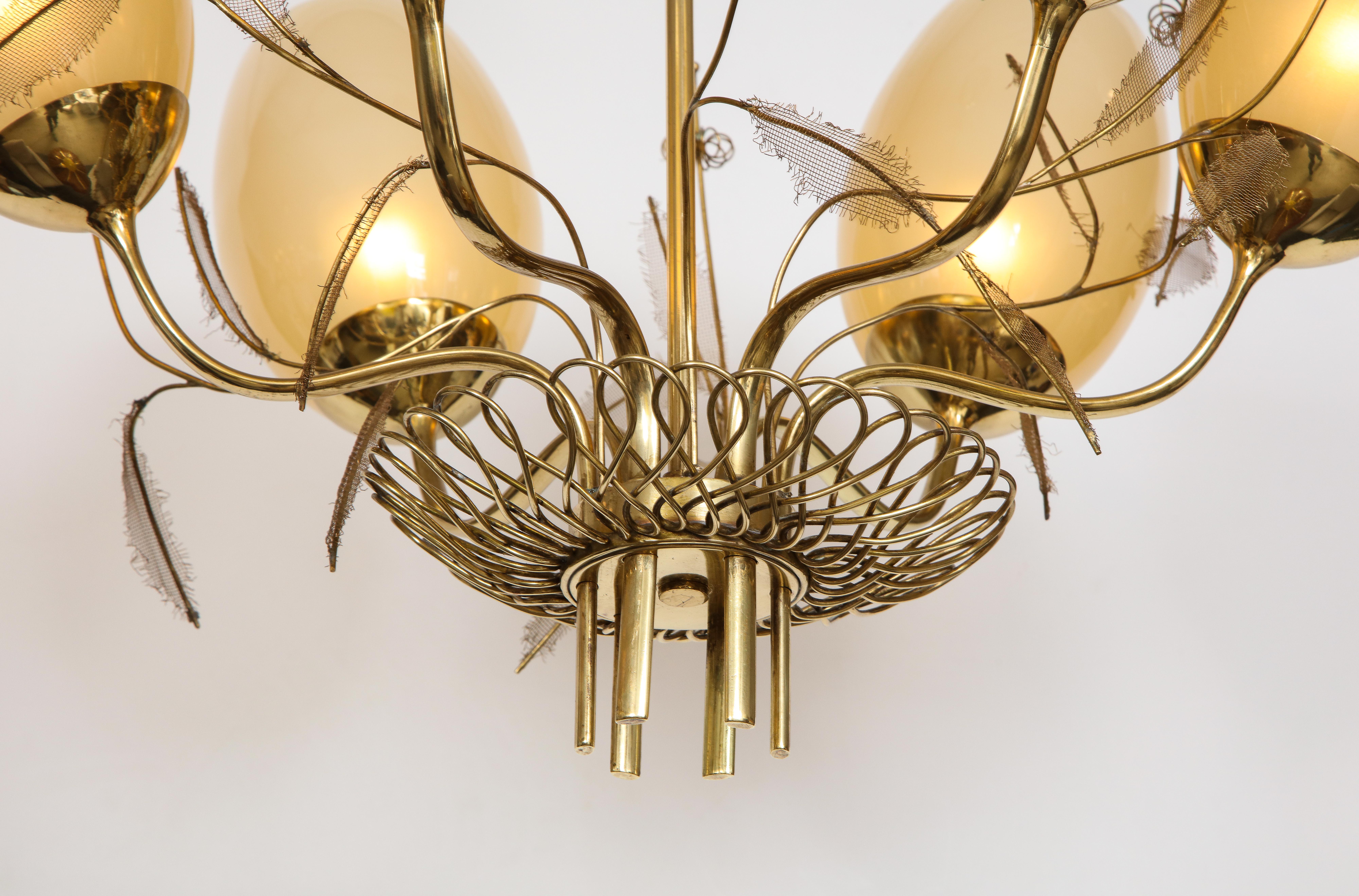 Finnish Paavo Tynell Chandelier Model 9029/6 in Brass and Amber Glass For Sale