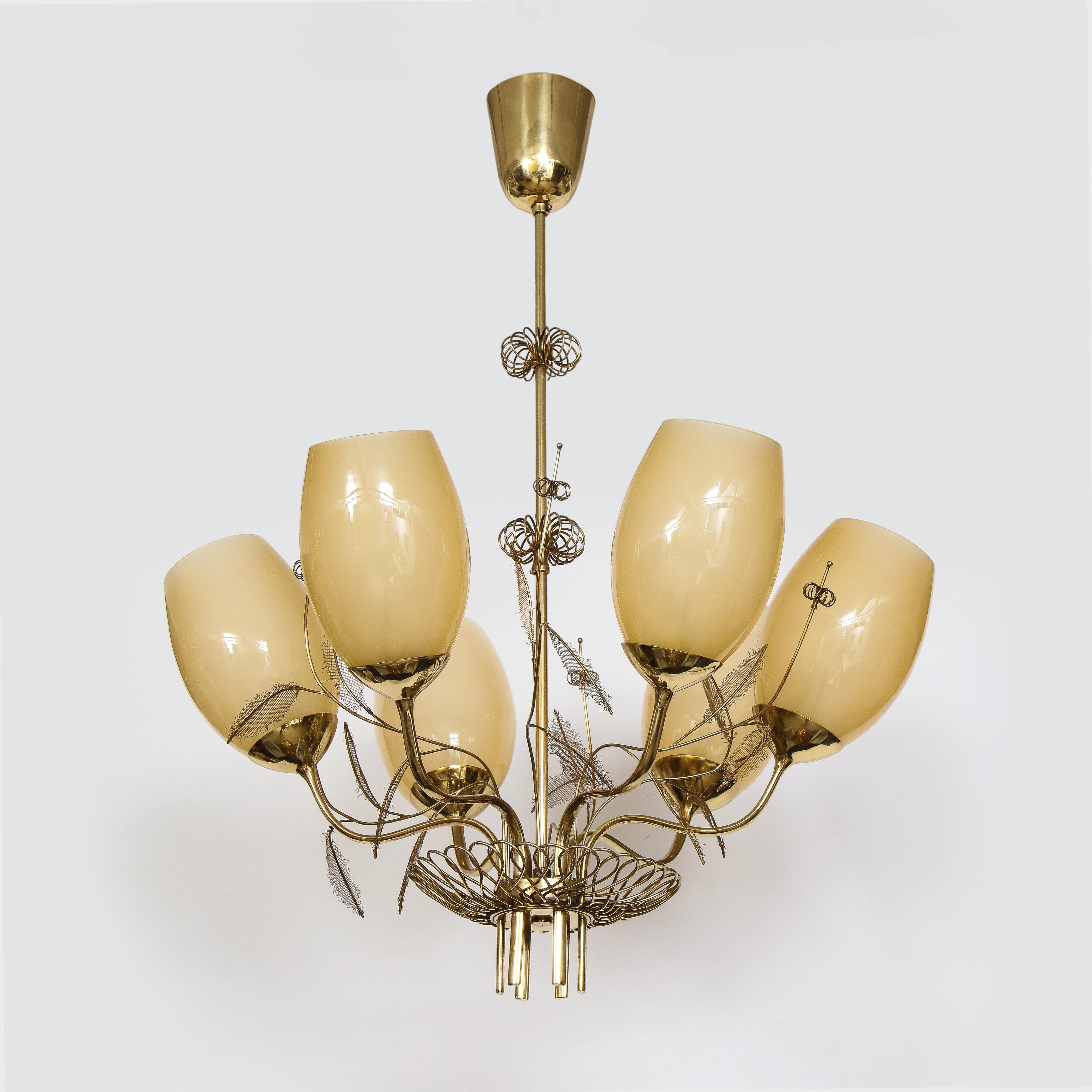 Paavo Tynell Chandelier Model 9029/6 in Brass and Amber Glass In Good Condition For Sale In New York, NY