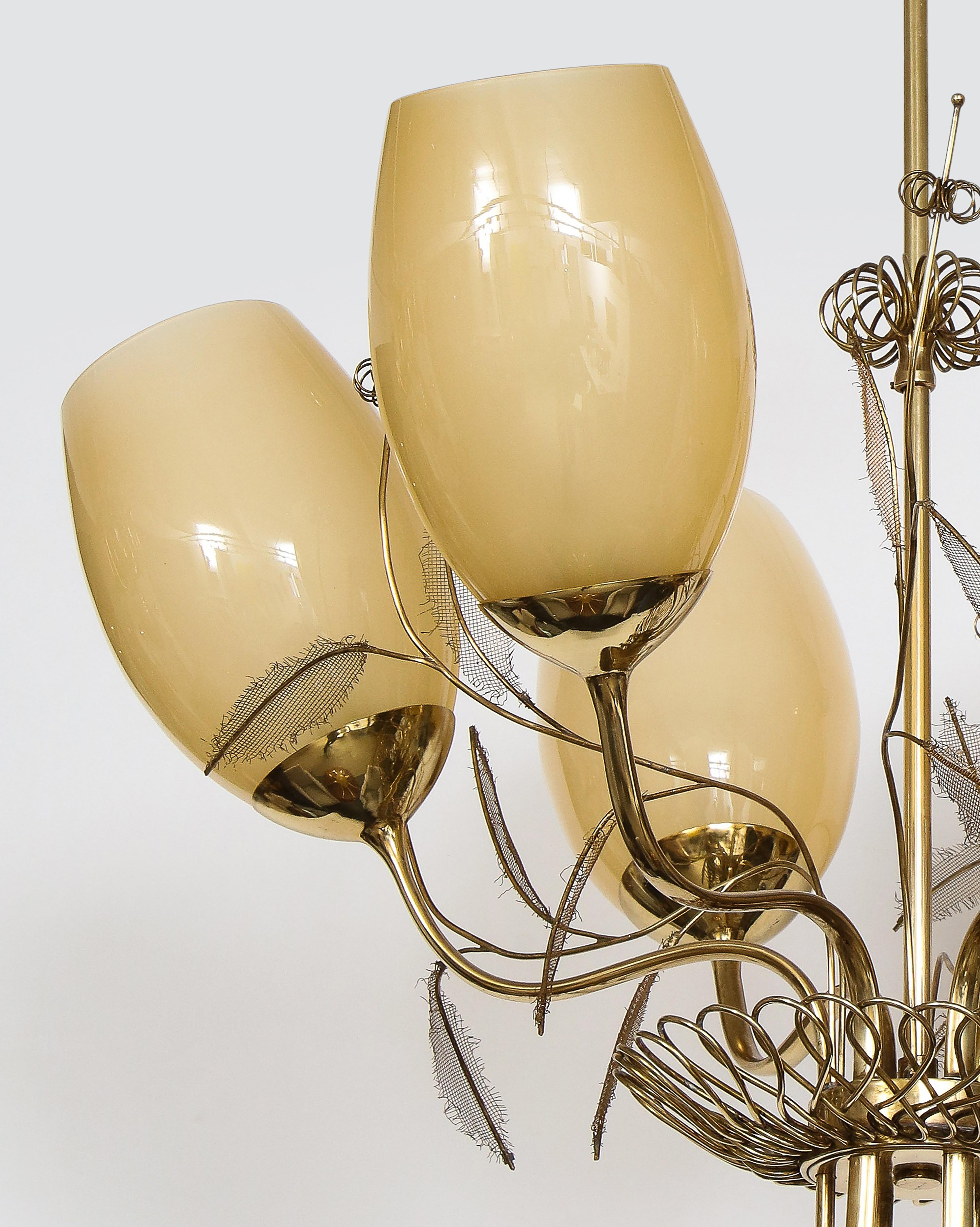 Mid-20th Century Paavo Tynell Chandelier Model 9029/6 in Brass and Amber Glass For Sale