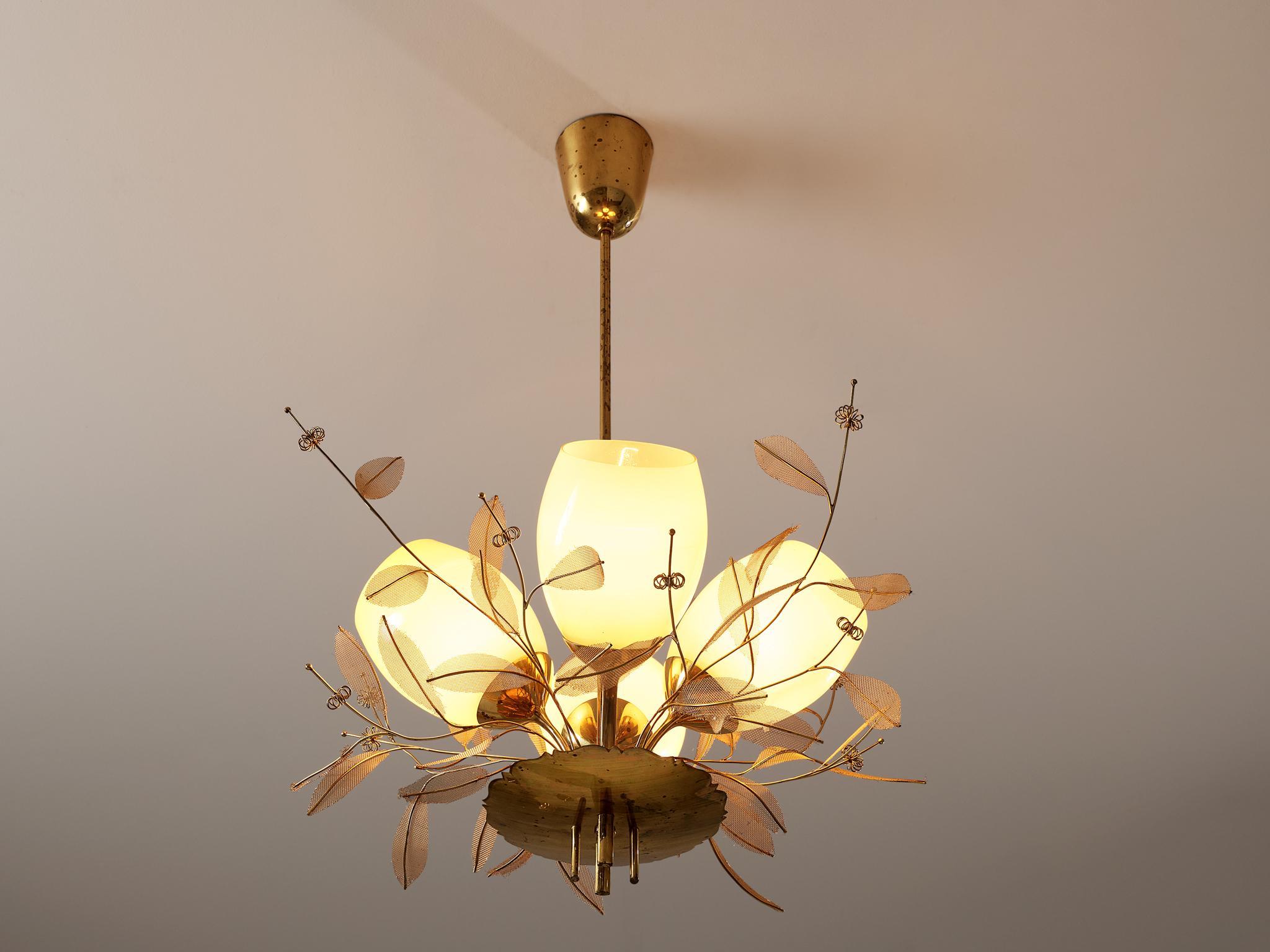 Paavo Tynell for Taito Oy, chandelier from the 'Concerto' series, model '9029/4', brass, glass, metal, Finland, 1948 

This majestic chandelier is designed by the master in the fields of lighting Paavo Tynell and is part of the 'Concerto' line.