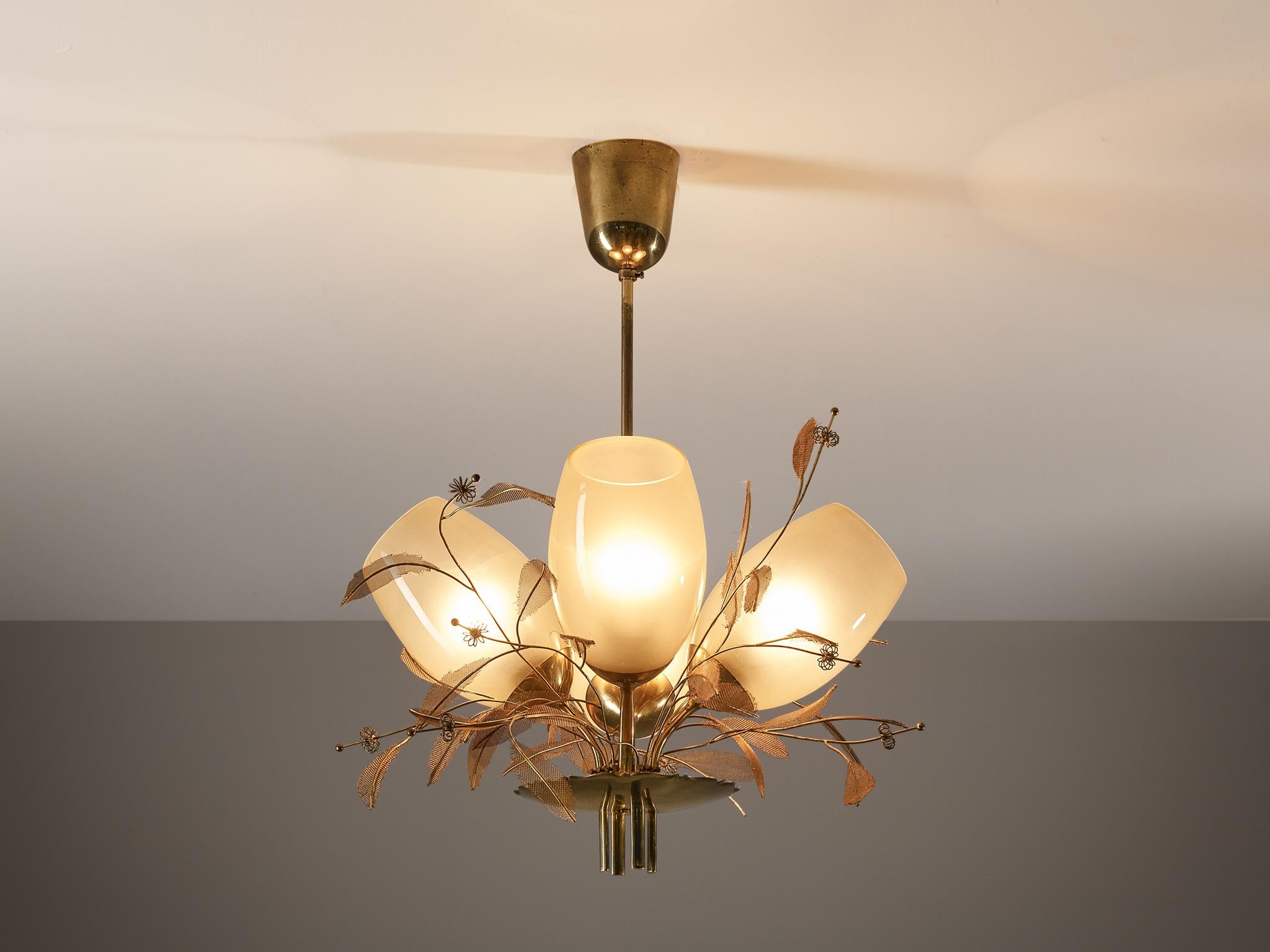 Paavo Tynell for Taito Oy, chandelier from the 'Concerto' series, model '9029/4', brass, glass, metal, Finland, 1948 

This majestic chandelier is designed by the master in the fields of lighting Paavo Tynell and is part of the 'Concerto' line. From