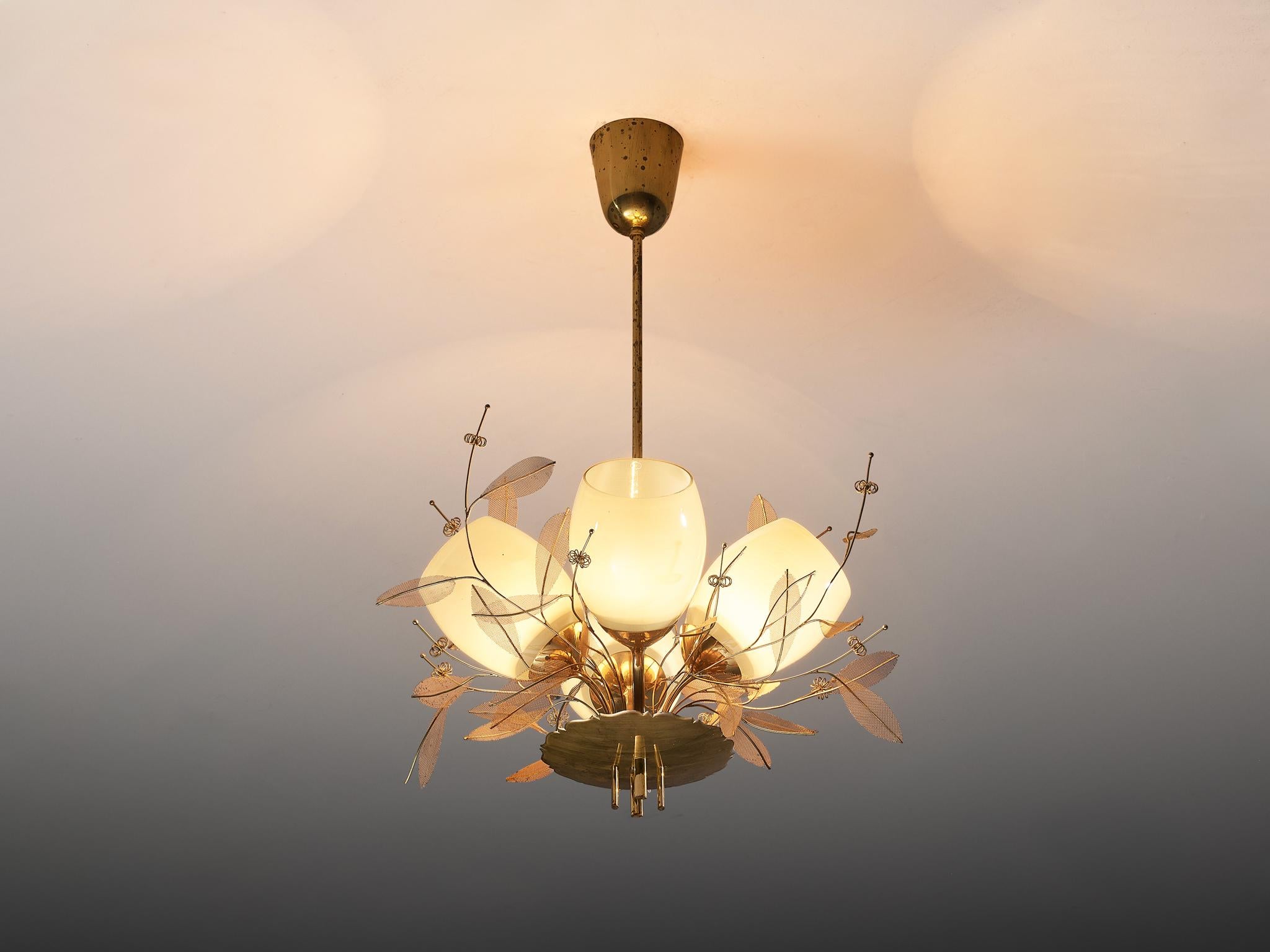 Paavo Tynell for Taito Oy, chandelier from the 'Concerto' series, model '9029/4', brass, glass, metal, Finland, 1948 

This majestic chandelier is designed by the master in the fields of lighting Paavo Tynell and is part of the 'Concerto' line. From