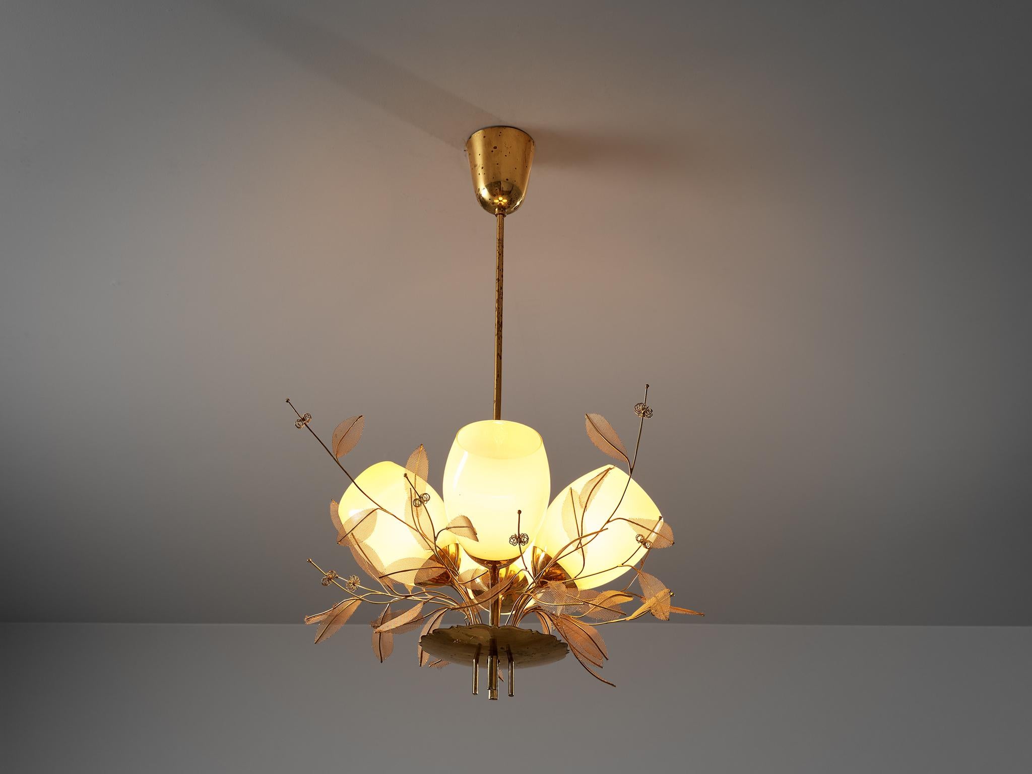 Scandinavian Modern Paavo Tynell for Taito Oy 'Concerto' Chandelier in Brass and Amber Glass
