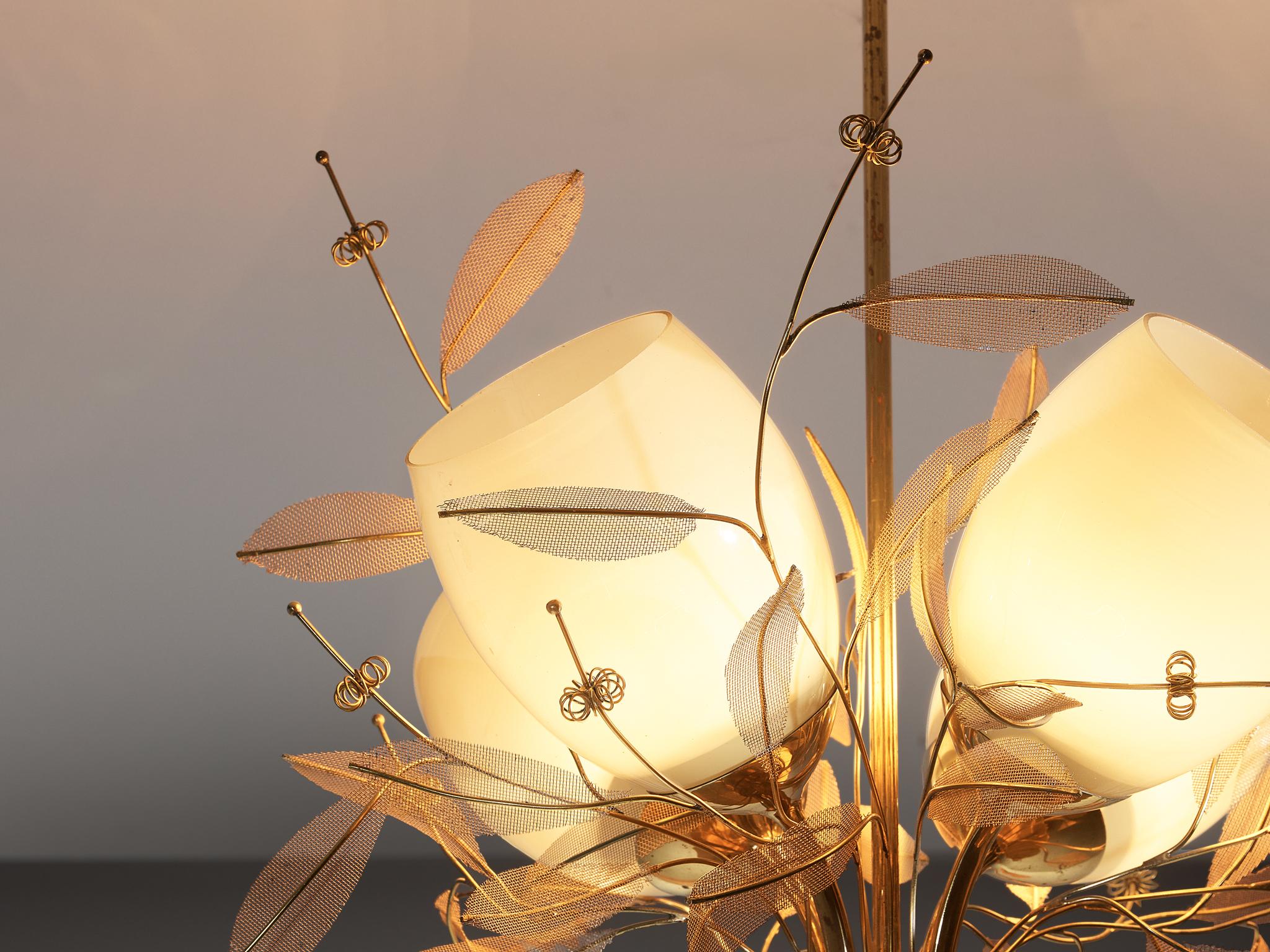 Scandinavian Modern Paavo Tynell for Taito Oy 'Concerto' Chandelier in Brass and Amber Glass