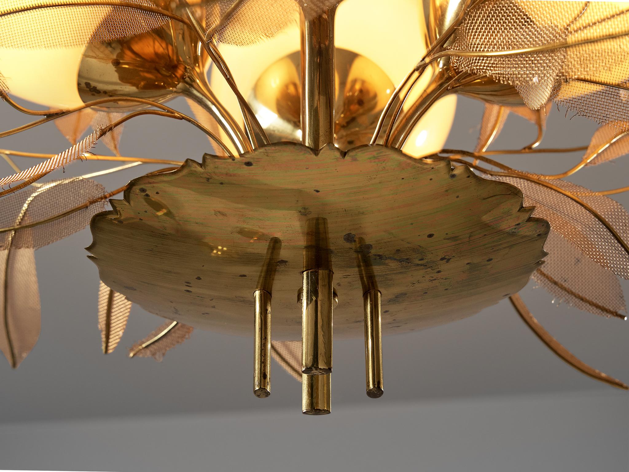 Finnish Paavo Tynell for Taito Oy 'Concerto' Chandelier in Brass and Amber Glass