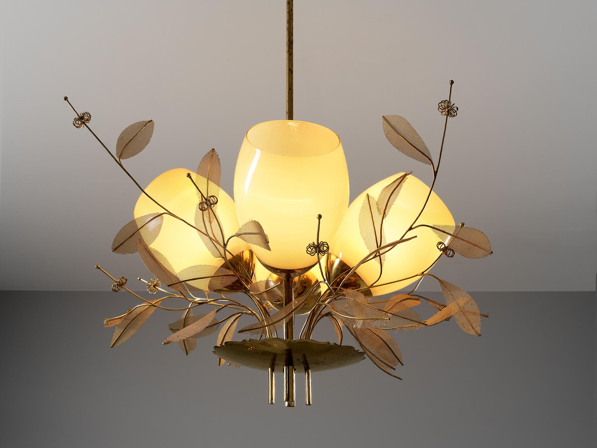 Finnish Paavo Tynell for Taito Oy 'Concerto' Chandelier in Brass and Amber Glass  For Sale
