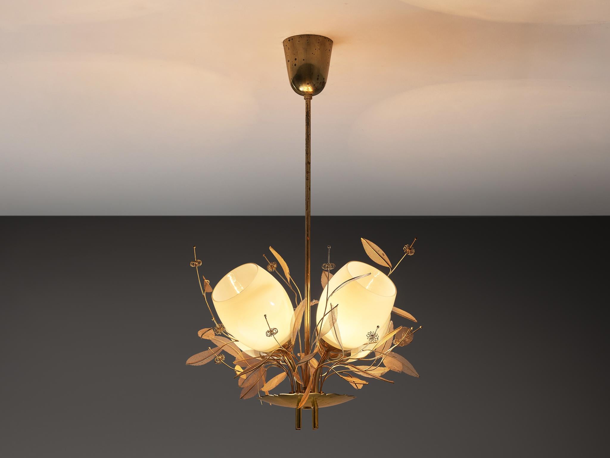 Finnish Paavo Tynell for Taito Oy 'Concerto' Chandelier in Brass and Amber Glass