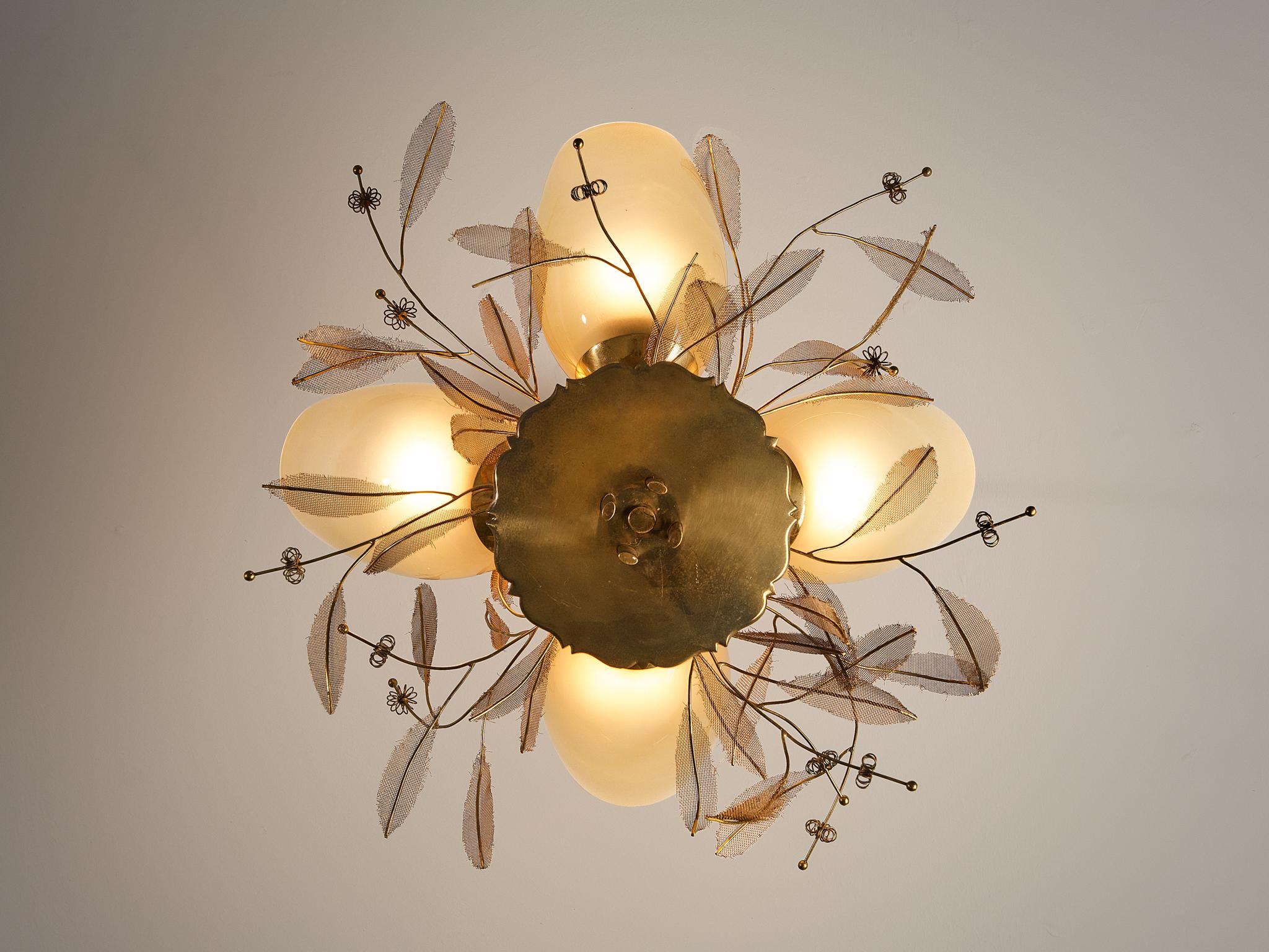 Mid-20th Century Paavo Tynell for Taito Oy 'Concerto' Chandelier in Brass and Beige Glass  For Sale