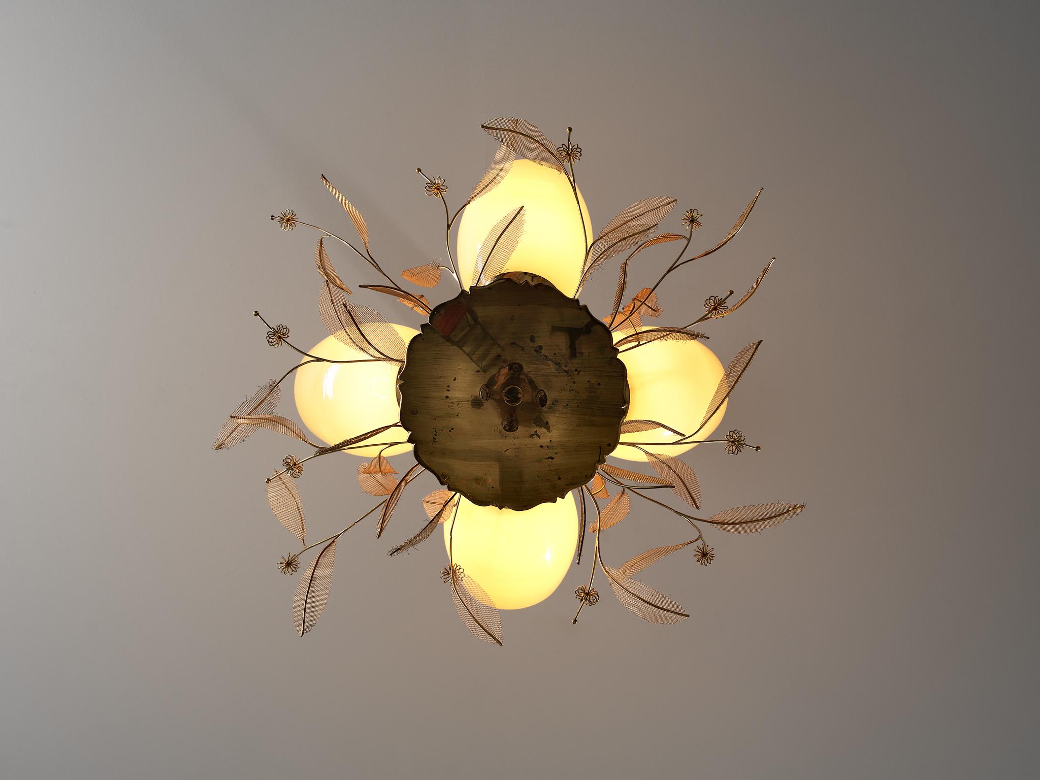 Mid-20th Century Paavo Tynell for Taito Oy 'Concerto' Chandelier in Brass and Amber Glass  For Sale
