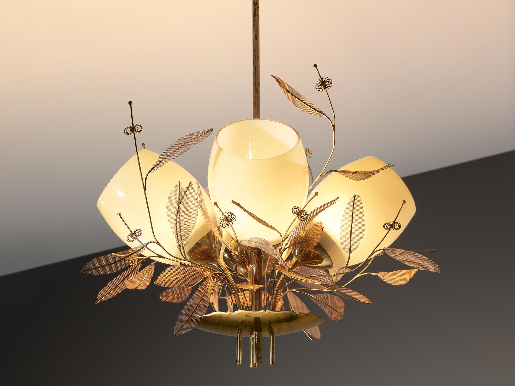 Mid-20th Century Paavo Tynell for Taito Oy 'Concerto' Chandelier in Brass and Amber Glass