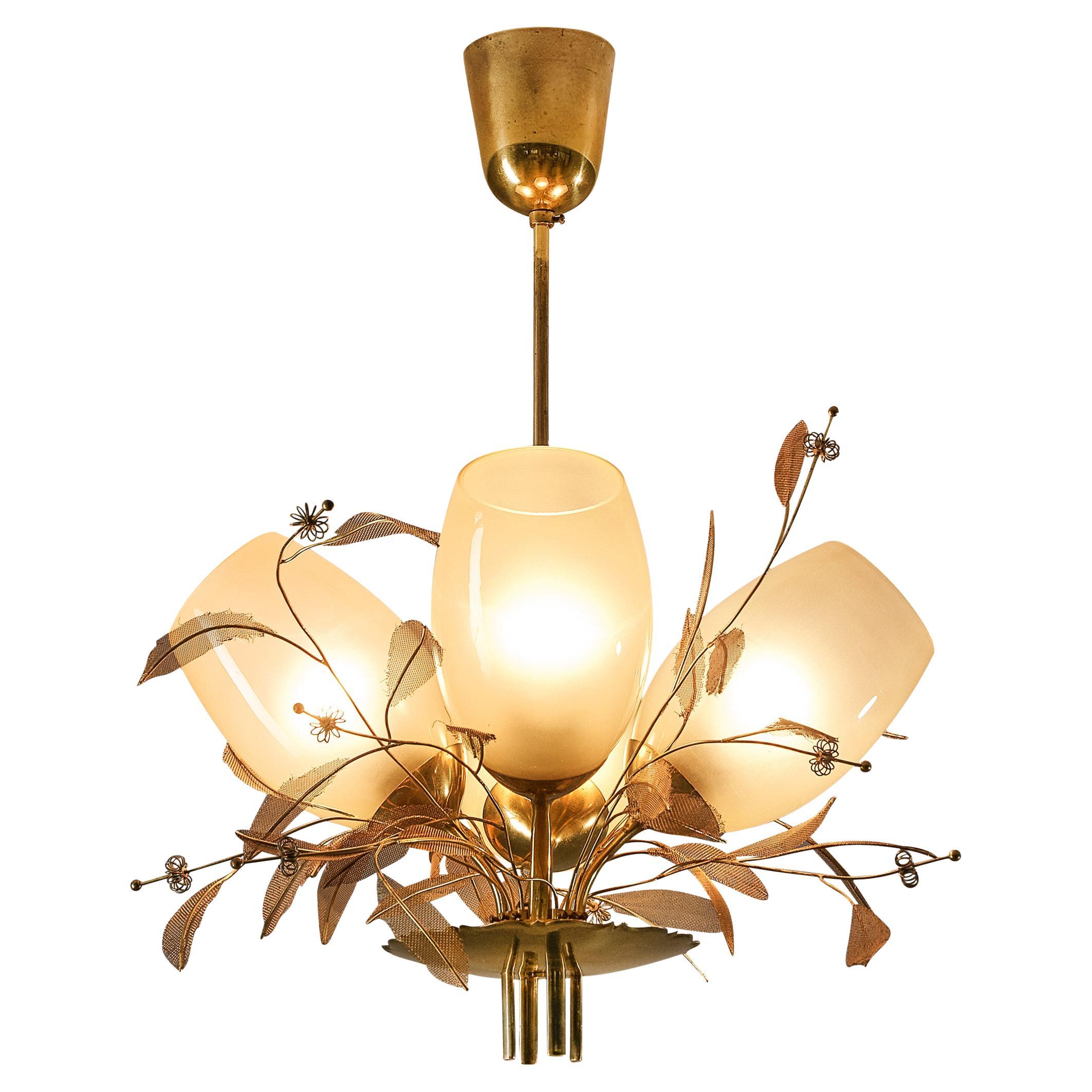 Paavo Tynell for Taito Oy 'Concerto' Chandelier in Brass and Beige Glass  For Sale