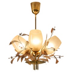 Vintage Paavo Tynell for Taito Oy 'Concerto' Chandelier in Brass and Beige Glass 