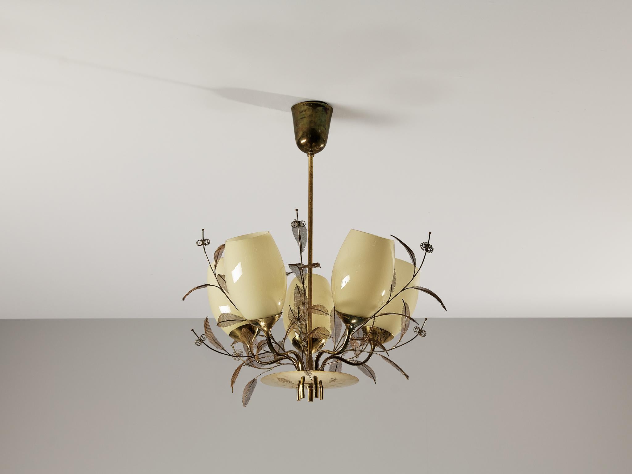Paavo Tynell for Taito Oy 'Concerto' Chandelier in Brass and Beige Glass 4