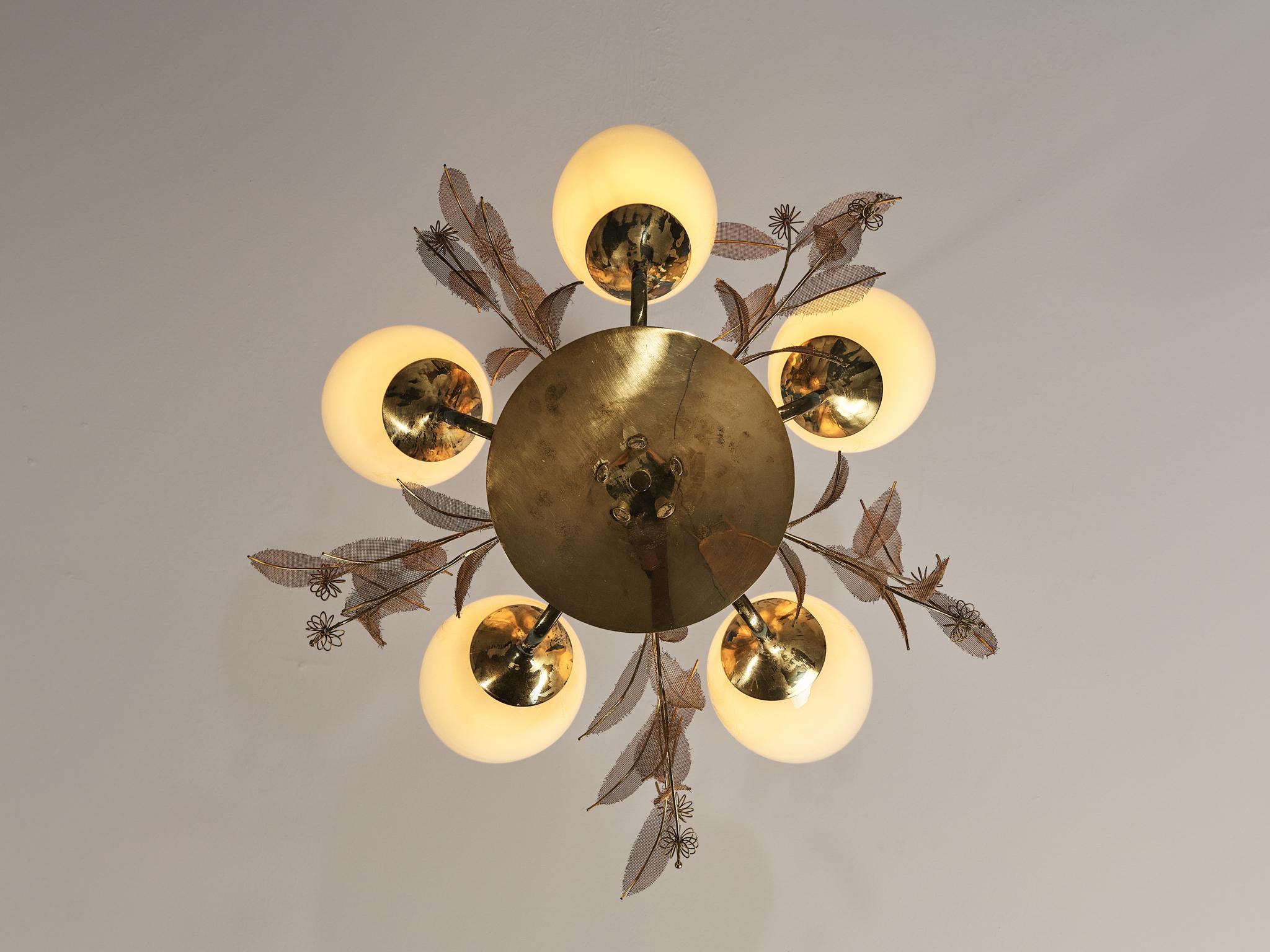 Scandinavian Modern Paavo Tynell for Taito Oy 'Concerto' Chandelier in Brass and Beige Glass 