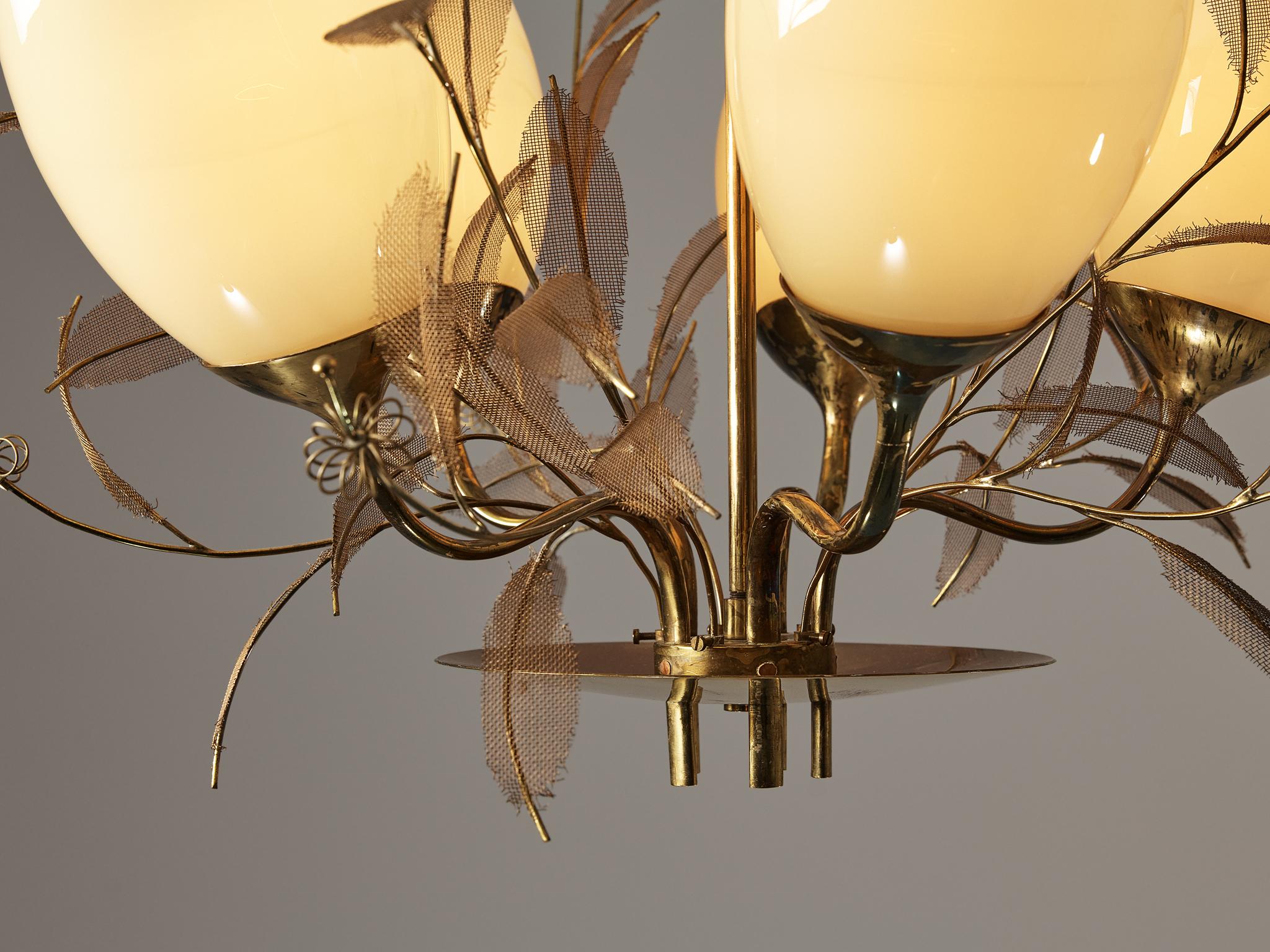 Finnish Paavo Tynell for Taito Oy 'Concerto' Chandelier in Brass and Beige Glass  For Sale