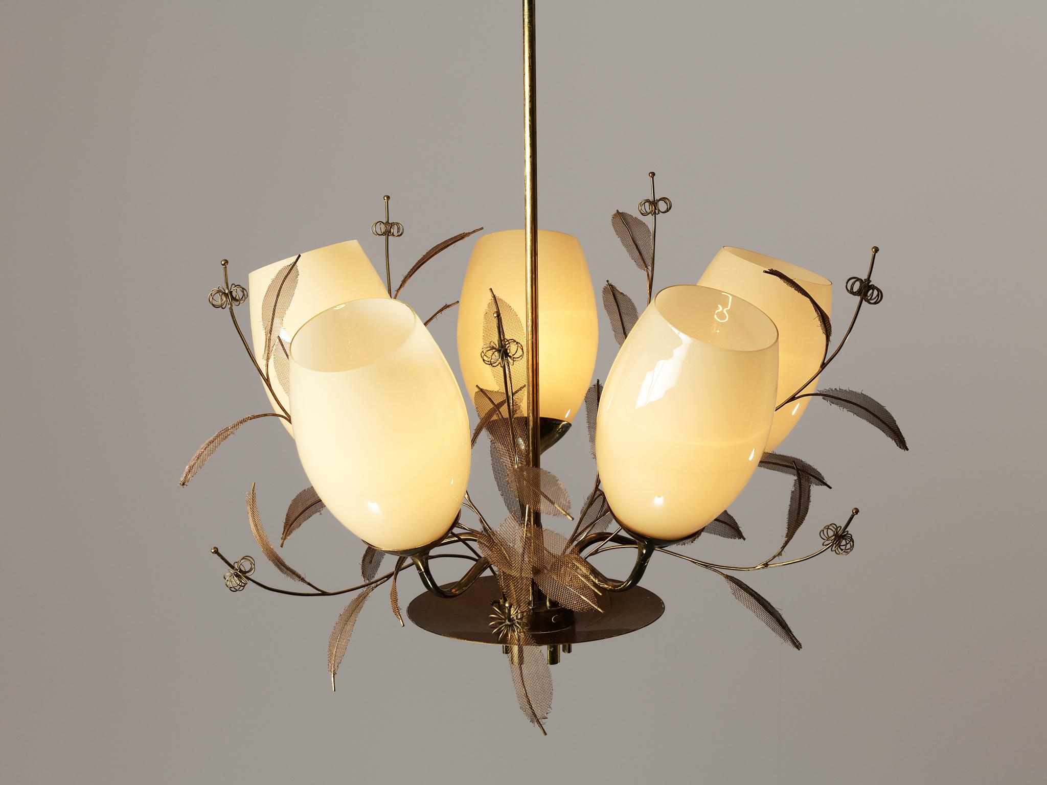Mid-20th Century Paavo Tynell for Taito Oy 'Concerto' Chandelier in Brass and Beige Glass