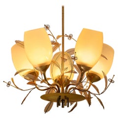 Lampadario 'Concerto' in ottone e vetro beige di Paavo Tynell per Taito Oy