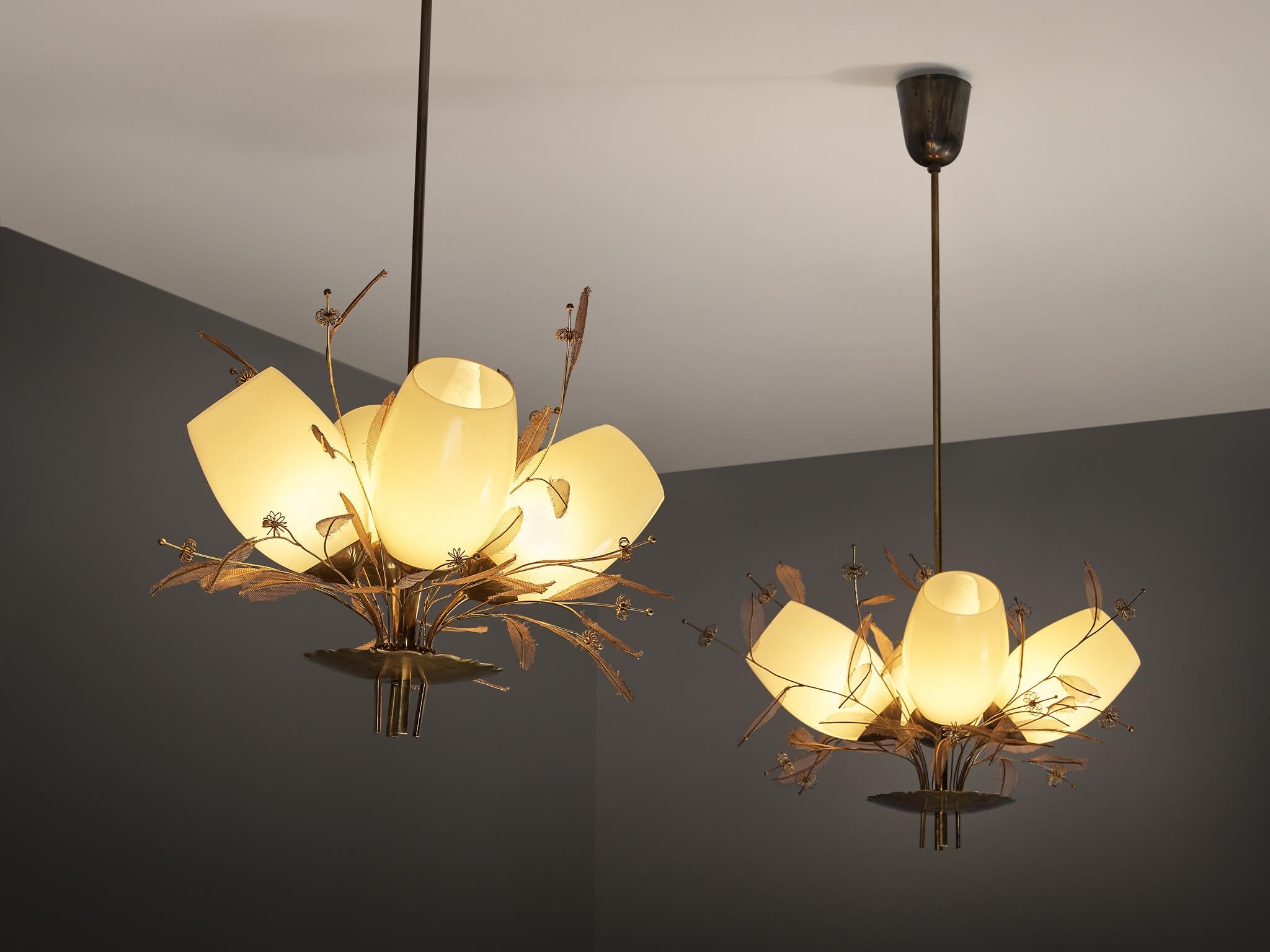 Scandinavian Modern Paavo Tynell for Taito Oy 'Concerto' Chandeliers in Brass and Amber Glass For Sale