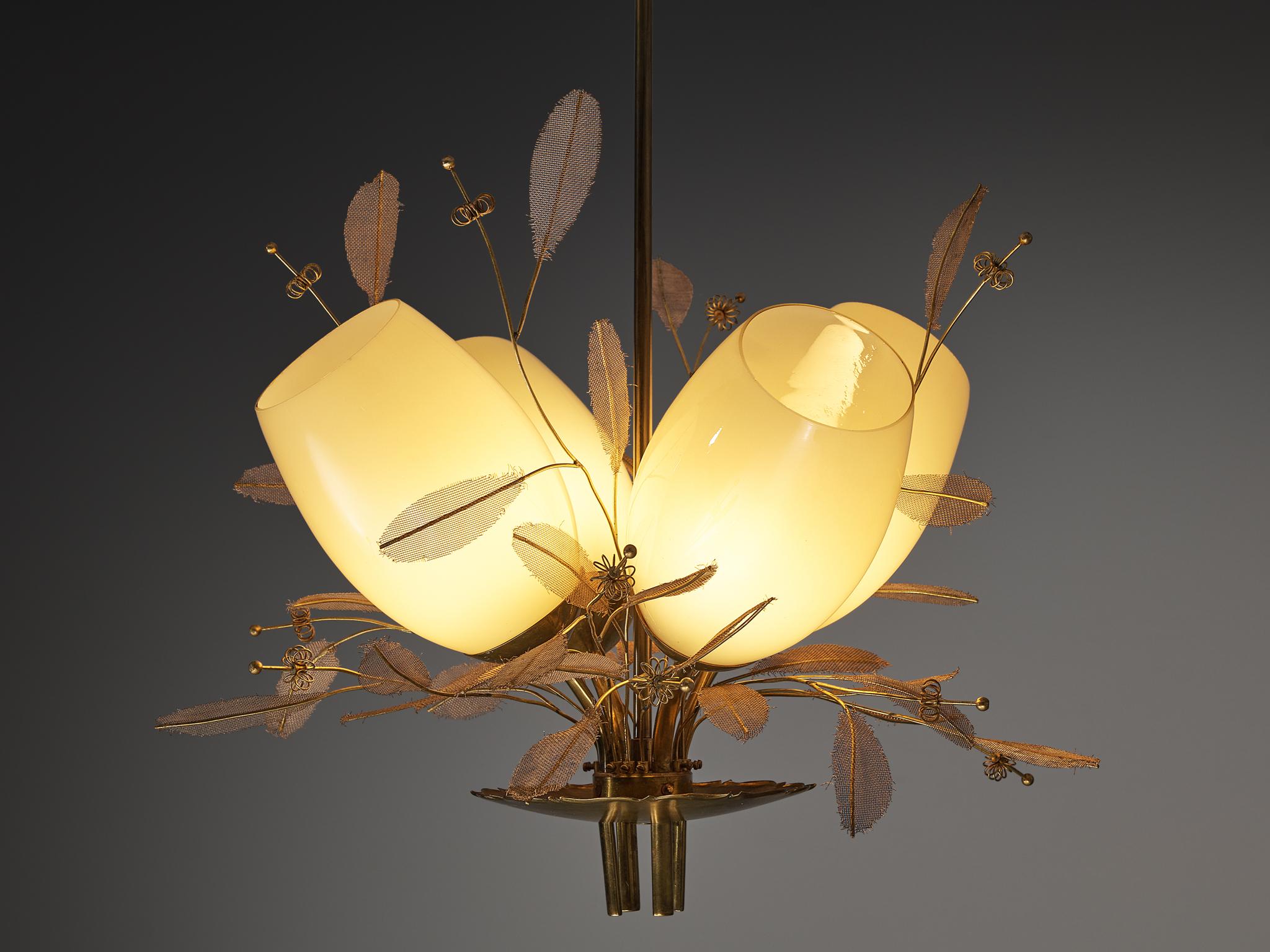 Finnish Paavo Tynell for Taito Oy 'Concerto' Chandeliers in Brass and Amber Glass For Sale