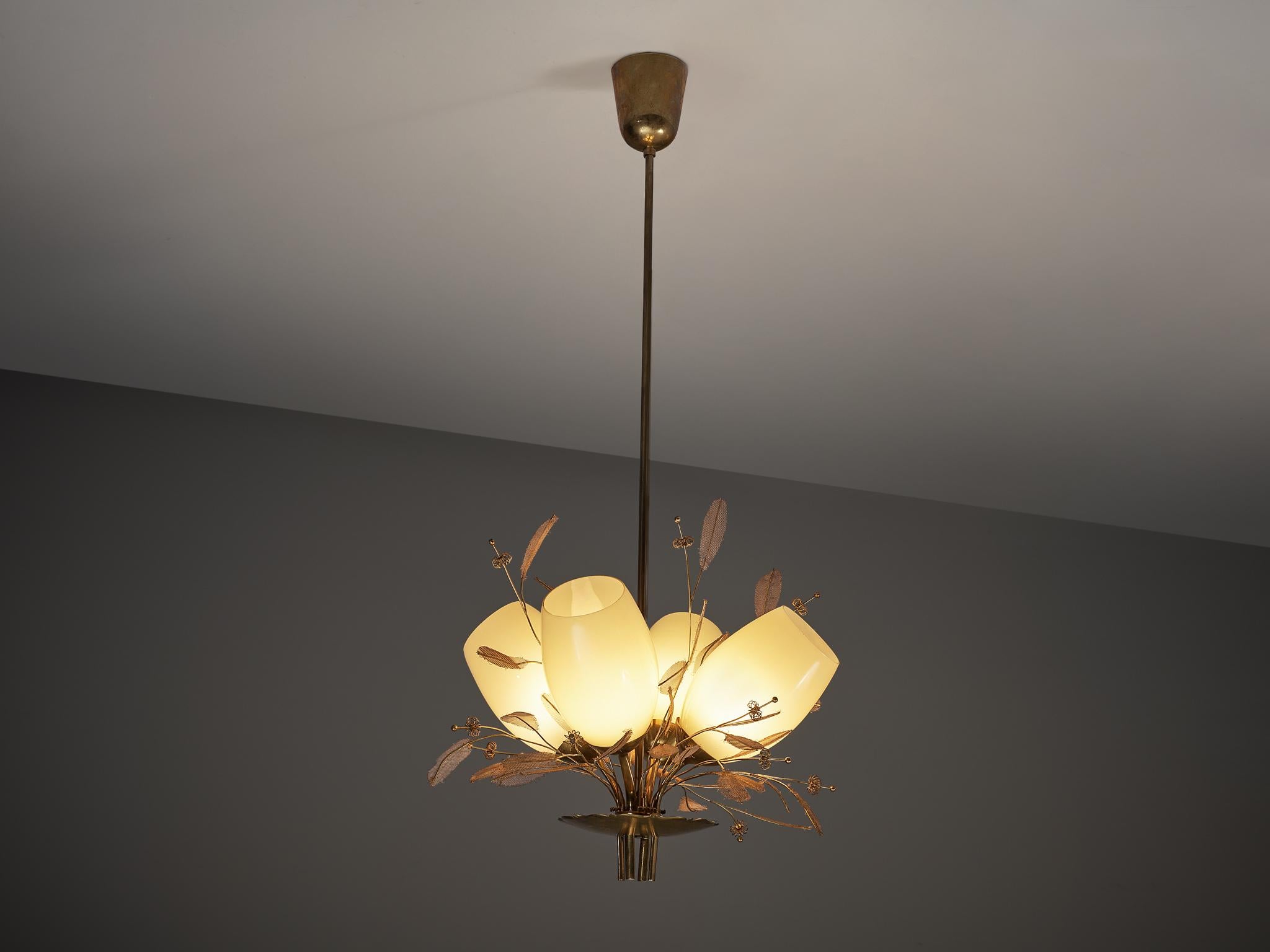 Paavo Tynell for Taito Oy 'Concerto' Chandeliers in Brass and Amber Glass In Good Condition For Sale In Waalwijk, NL