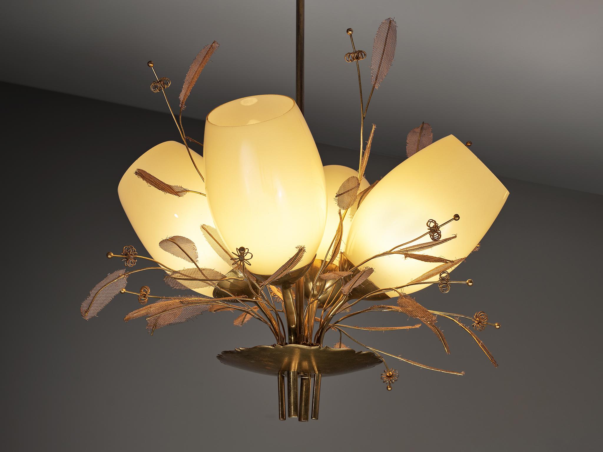 Mid-20th Century Paavo Tynell for Taito Oy 'Concerto' Chandeliers in Brass and Amber Glass For Sale