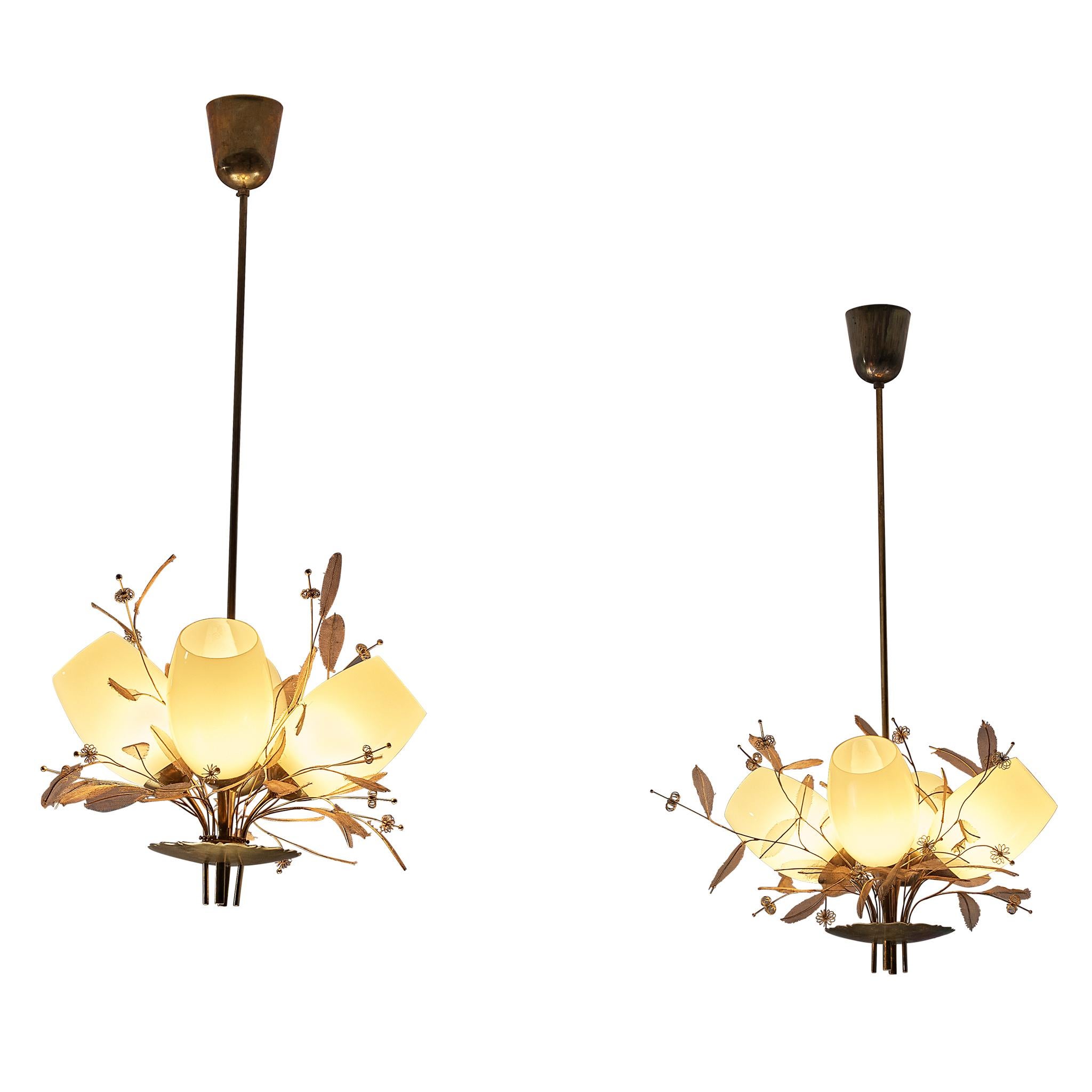Paavo Tynell for Taito Oy 'Concerto' Chandeliers in Brass and Amber Glass