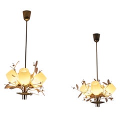 Paavo Tynell for Taito Oy 'Concerto' Chandeliers in Brass and Amber Glass