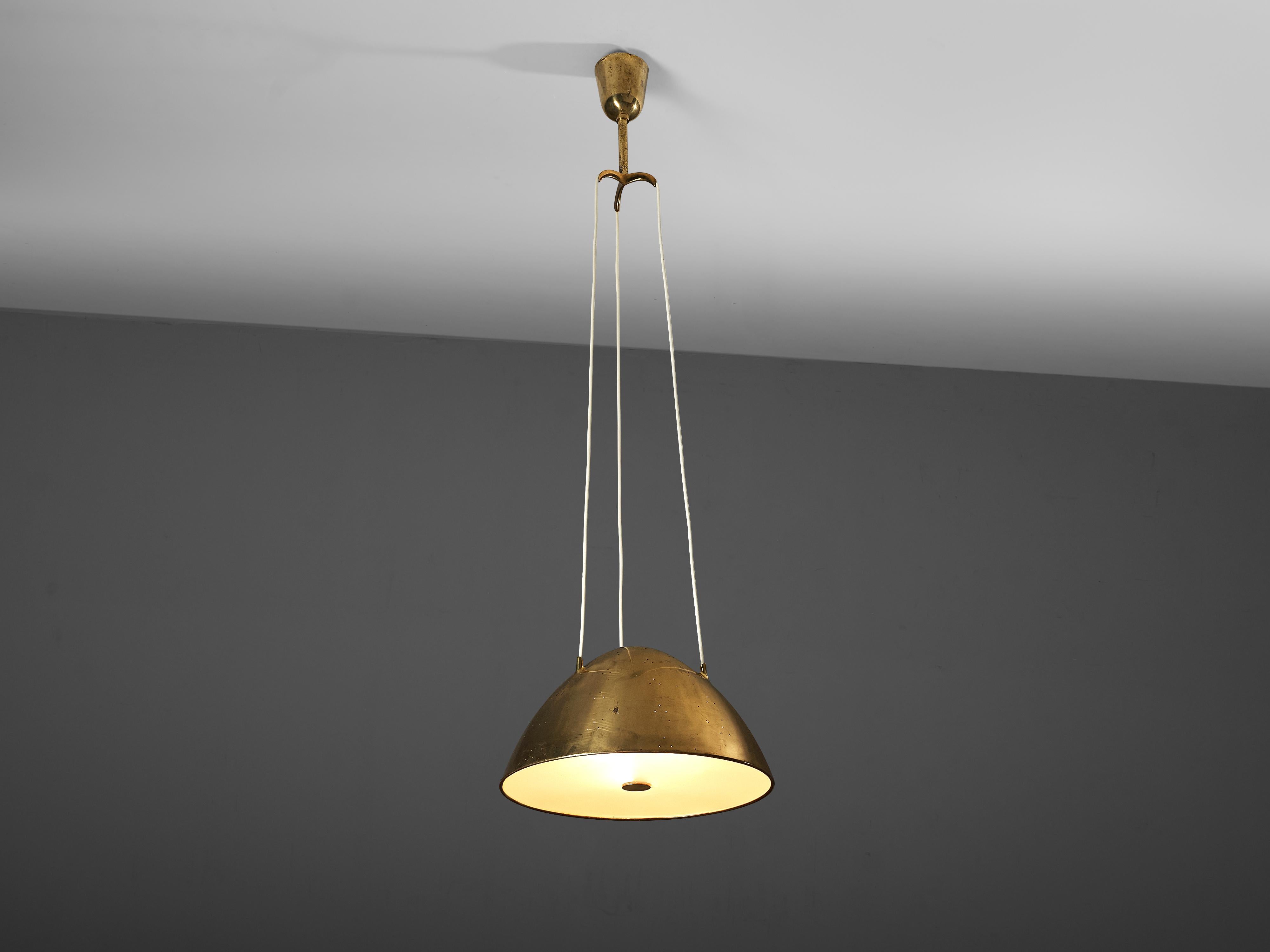 Paavo Tynell for Taito Oy, pendant lamp model 1959, brass, glass, Finland, 1950s

Dome-shaped pendant lamp by Finnish designer Paavo Tynell. The model ‘1959’ features all characteristics of Tynell’s fabulous designs. A wonderfully formed lampshade