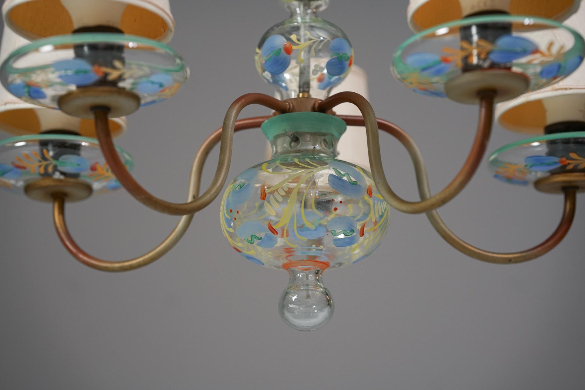 Hand-Painted Paavo Tynell Glass Chandelier, Taito Oy, 1930/1940s For Sale