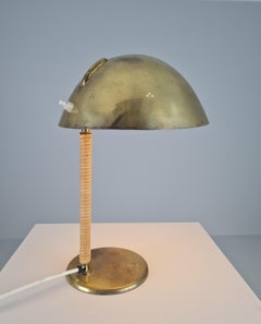 Paavo Tynell Helmet Table Lamp 9209 in Perforated Brass & Rattan, Taito 1950s