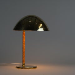 Paavo Tynell Helmet Table Lamp 9209 in Perforated Brass & Rattan, Taito 1950s
