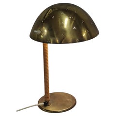 Paavo Tynell Helmet Table Lamp 9209 in Perforated Brass & Rattan, Taito 1950s