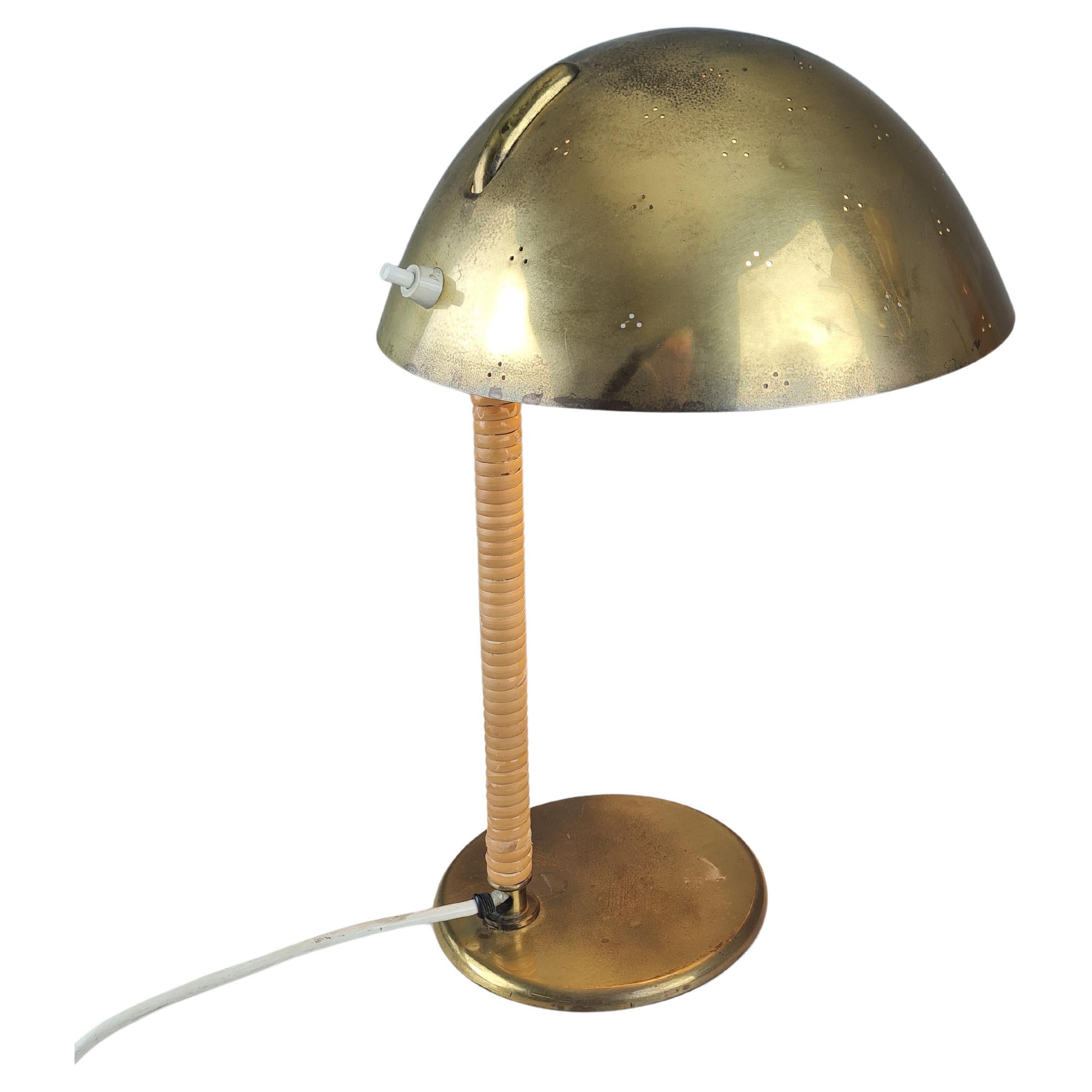 Paavo Tynell Helmet Table Lamp 9209 in Perforated Brass & Rattan, Taito 1950s
