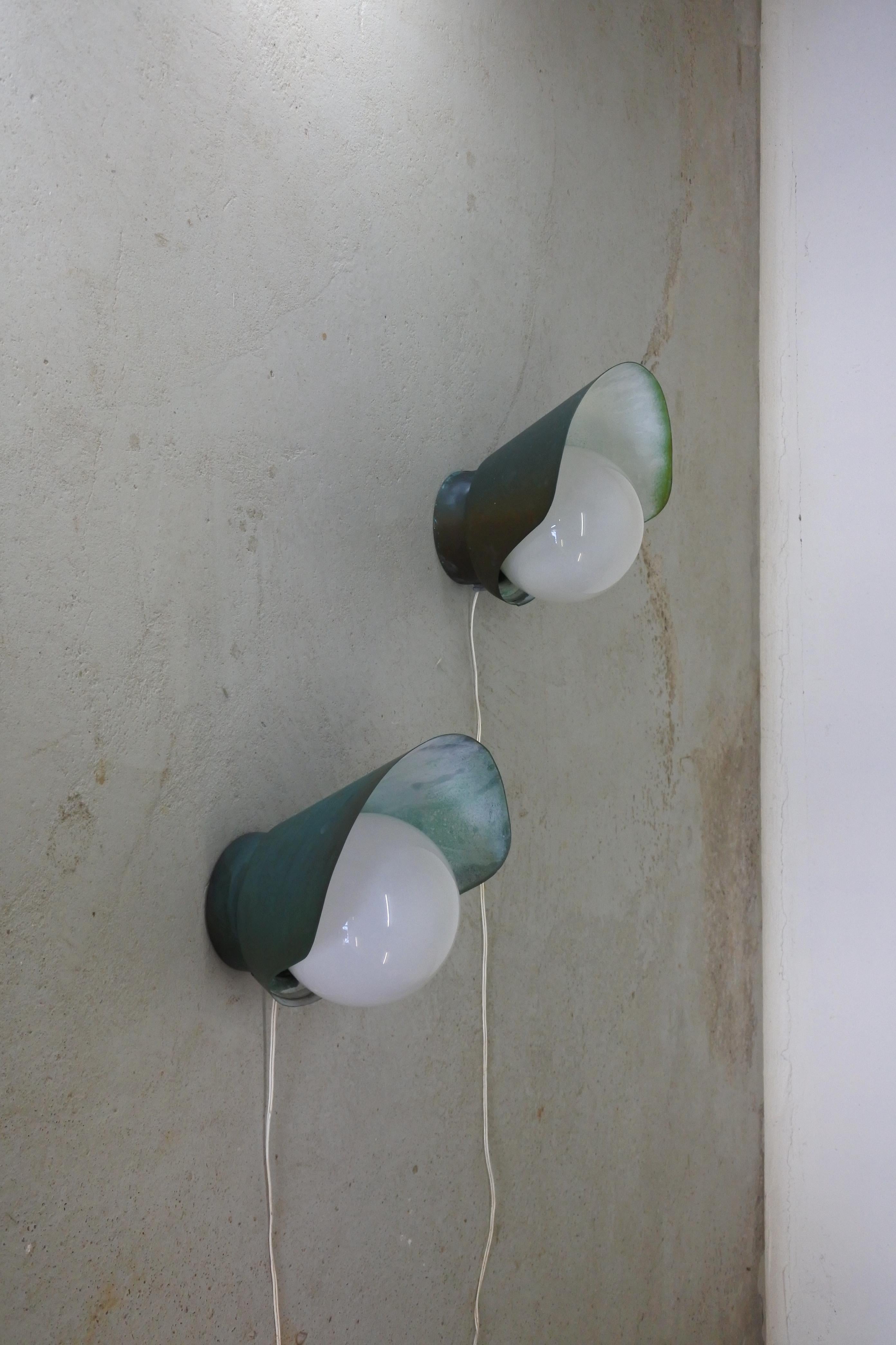 Paavo Tynell & Idman Set of Two Copper & Opaline Glass Wall Lamps, Finland 1950s For Sale 5