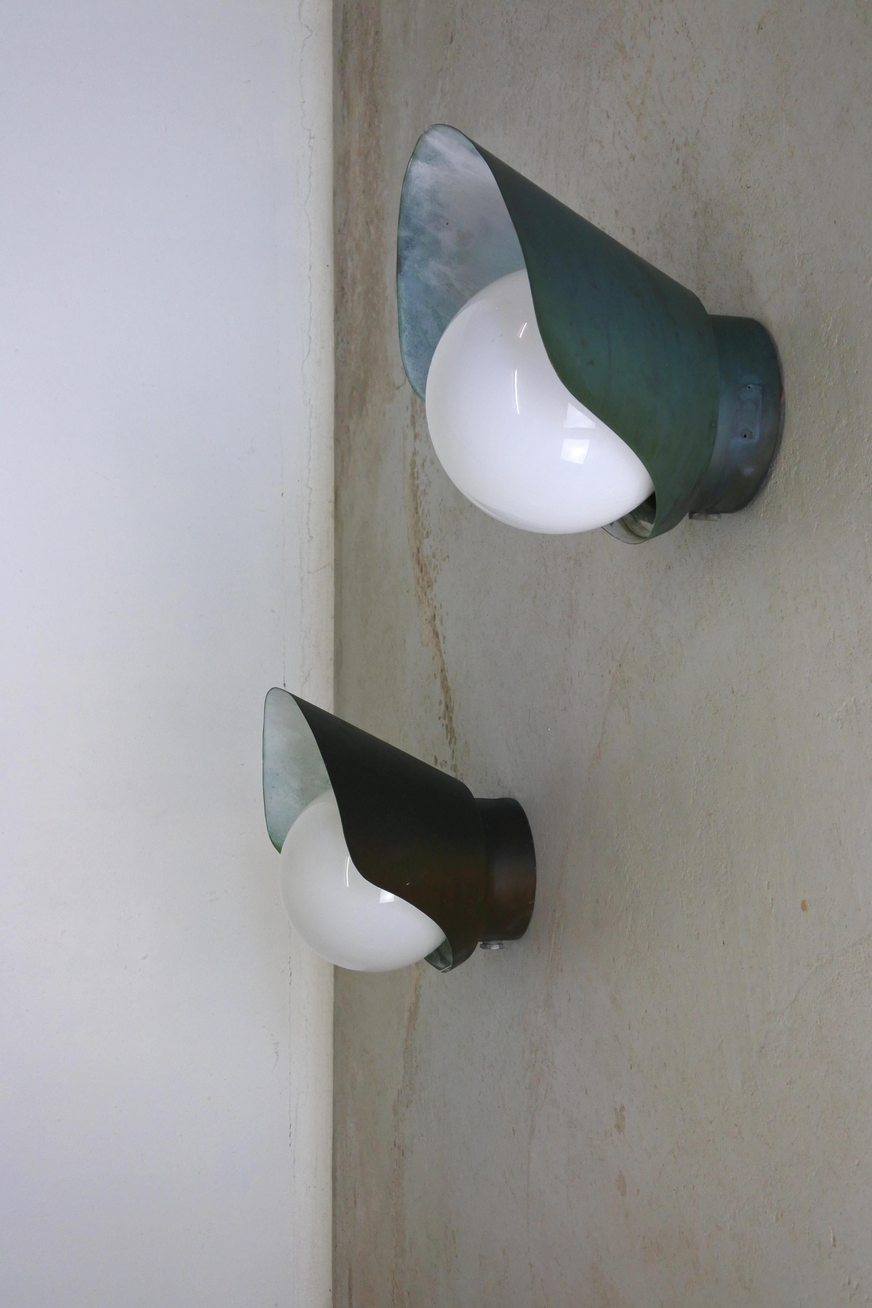 Paavo Tynell & Idman Set of Two Copper & Opaline Glass Wall Lamps, Finland 1950s For Sale 6