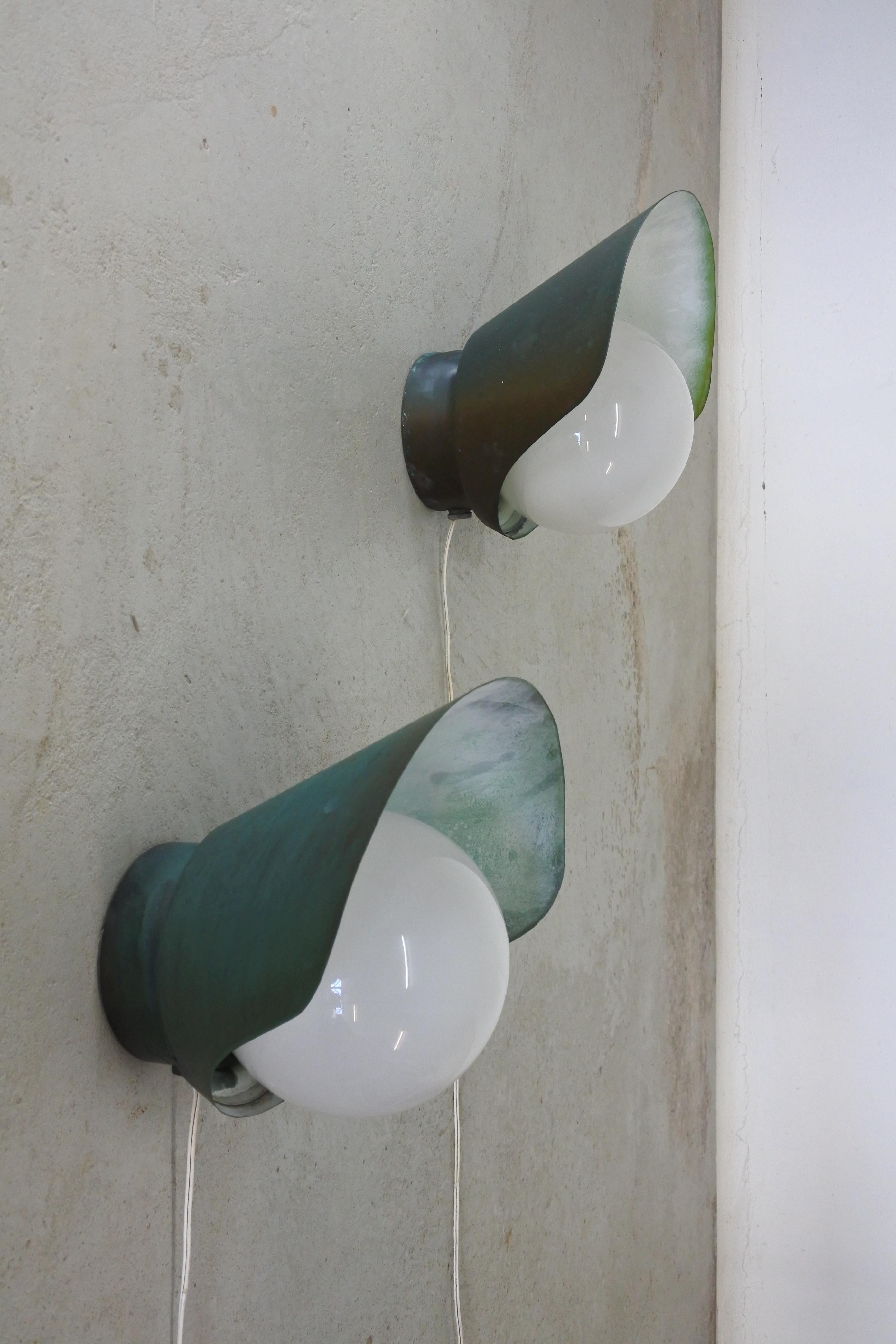 Finnish Paavo Tynell & Idman Set of Two Copper & Opaline Glass Wall Lamps, Finland 1950s For Sale