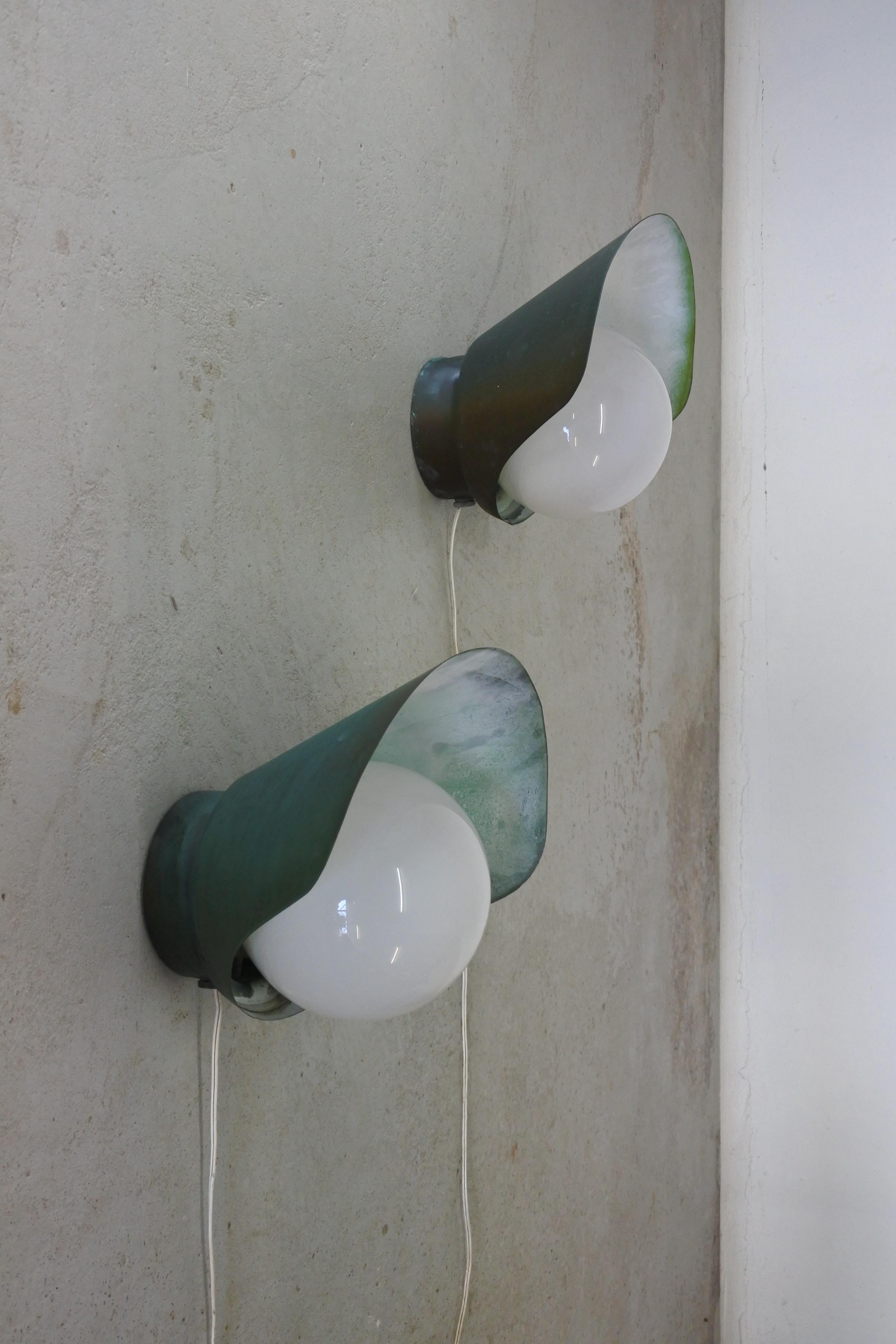 Mid-20th Century Paavo Tynell & Idman Set of Two Copper & Opaline Glass Wall Lamps, Finland 1950s For Sale